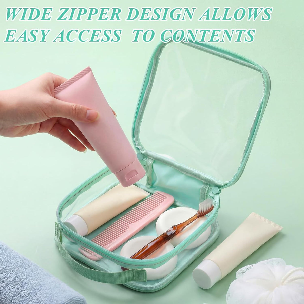 Abbylike 3 Pcs Small Toiletry Bags Reusable Quart Size Travel Liquid Pouch Single-sided Clear PVC Carry-on Organizer with Handle Cosmetic Bags for Airport Security Women Men(Green)