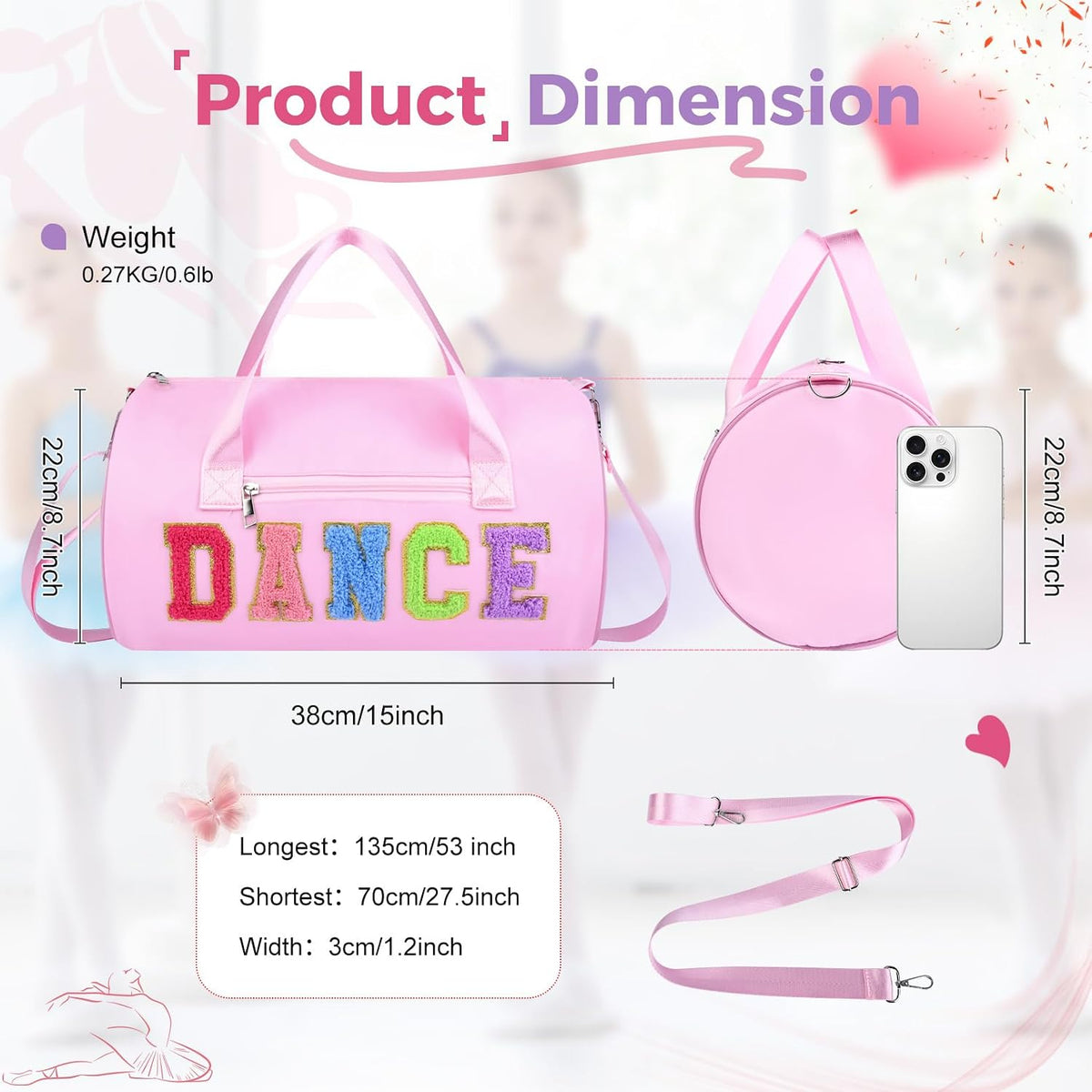 Dance Bag for Girls, KUIRAN 23L Waterproof Travel Duffel Bag with Colorful Chenille Letter, Lightweight Small Gym Sport Ballet Bag Weekender Bag with Large Main Compartment - Pink