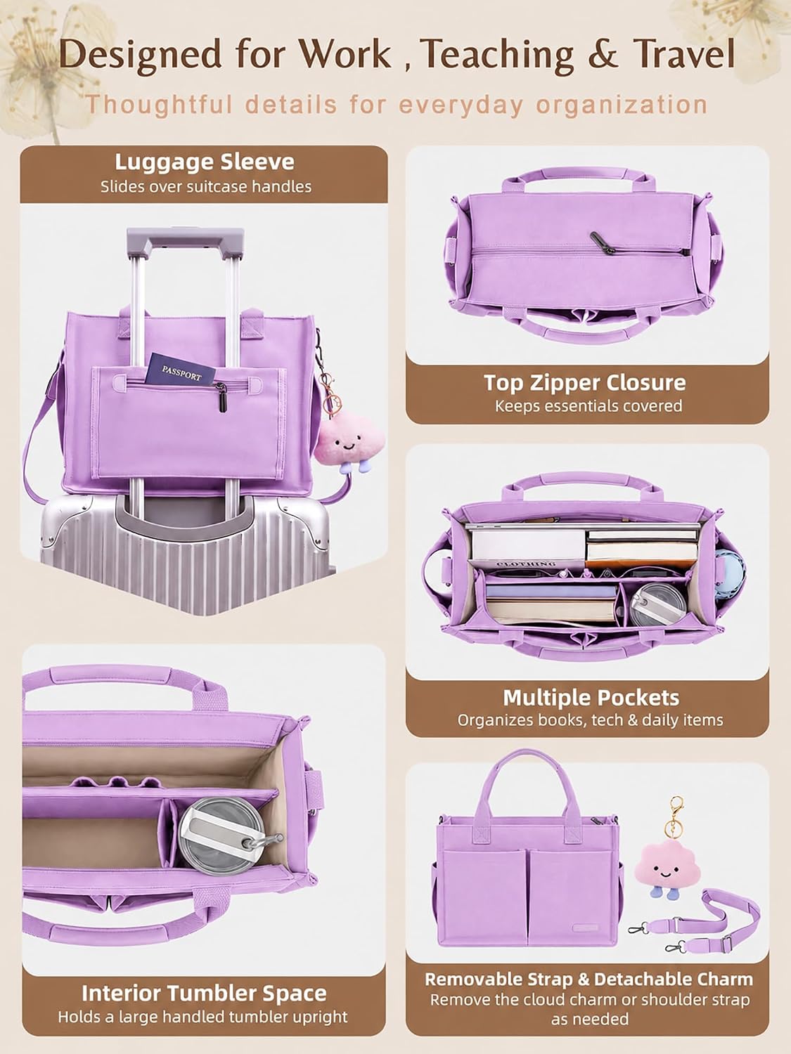 BESBESME Canvas Tote Bag for Women with Zipper, Work Laptop Purse with Compartments & Luggage Sleeve, Adjustable Strap