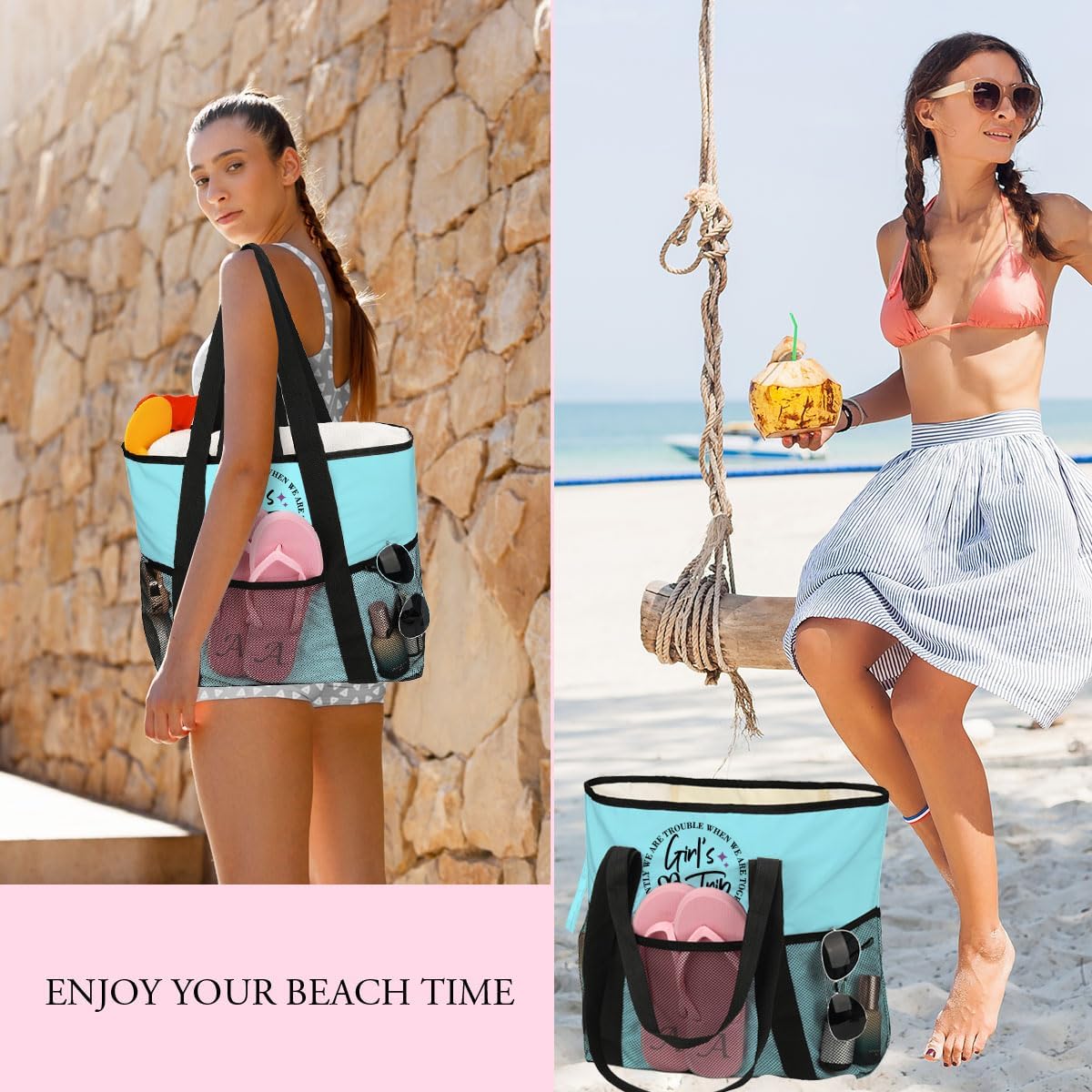 girls trip bags Foldable Waterproof Beach Tote for Women - 8 Zippered Pockets, Lightweight Travel Bag for Swim