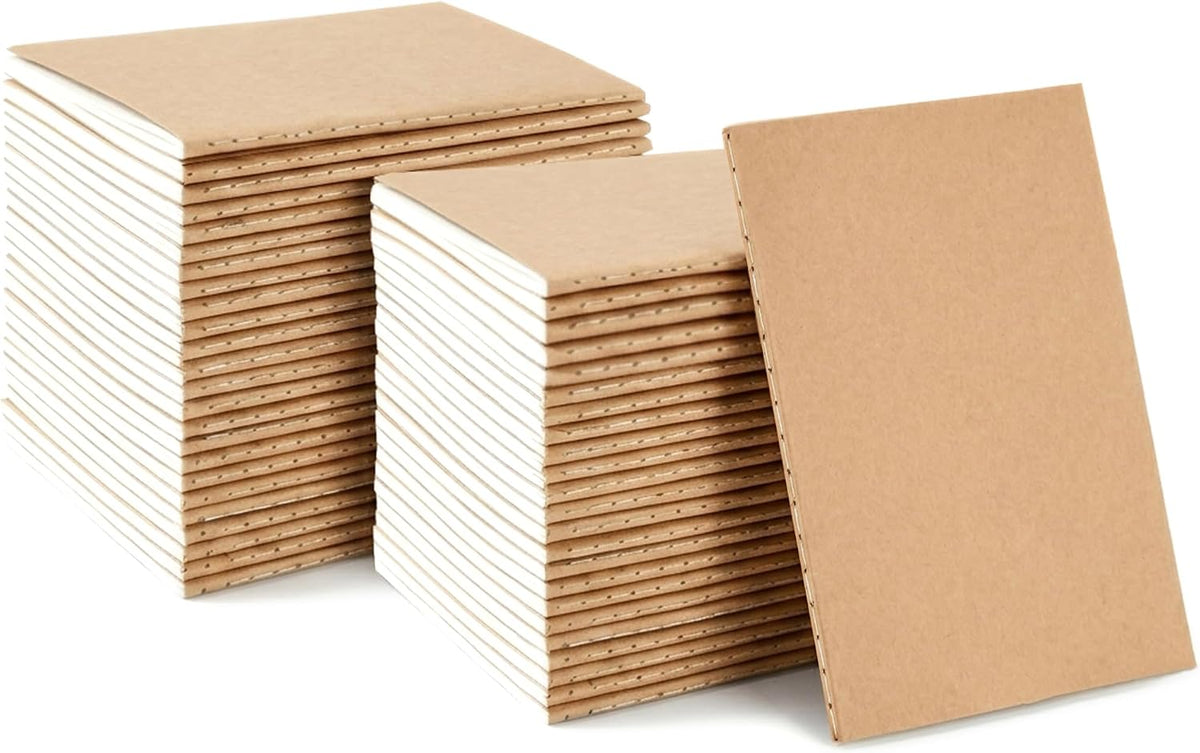 Mini Notebooks 3.5" x 5.5", Brown Kraft Pocket Notebook Bulk Set, 60 Pages Blank Paper Small Notepads, Composition Notebooks for School, Office, Travel, Work (48 Pack)