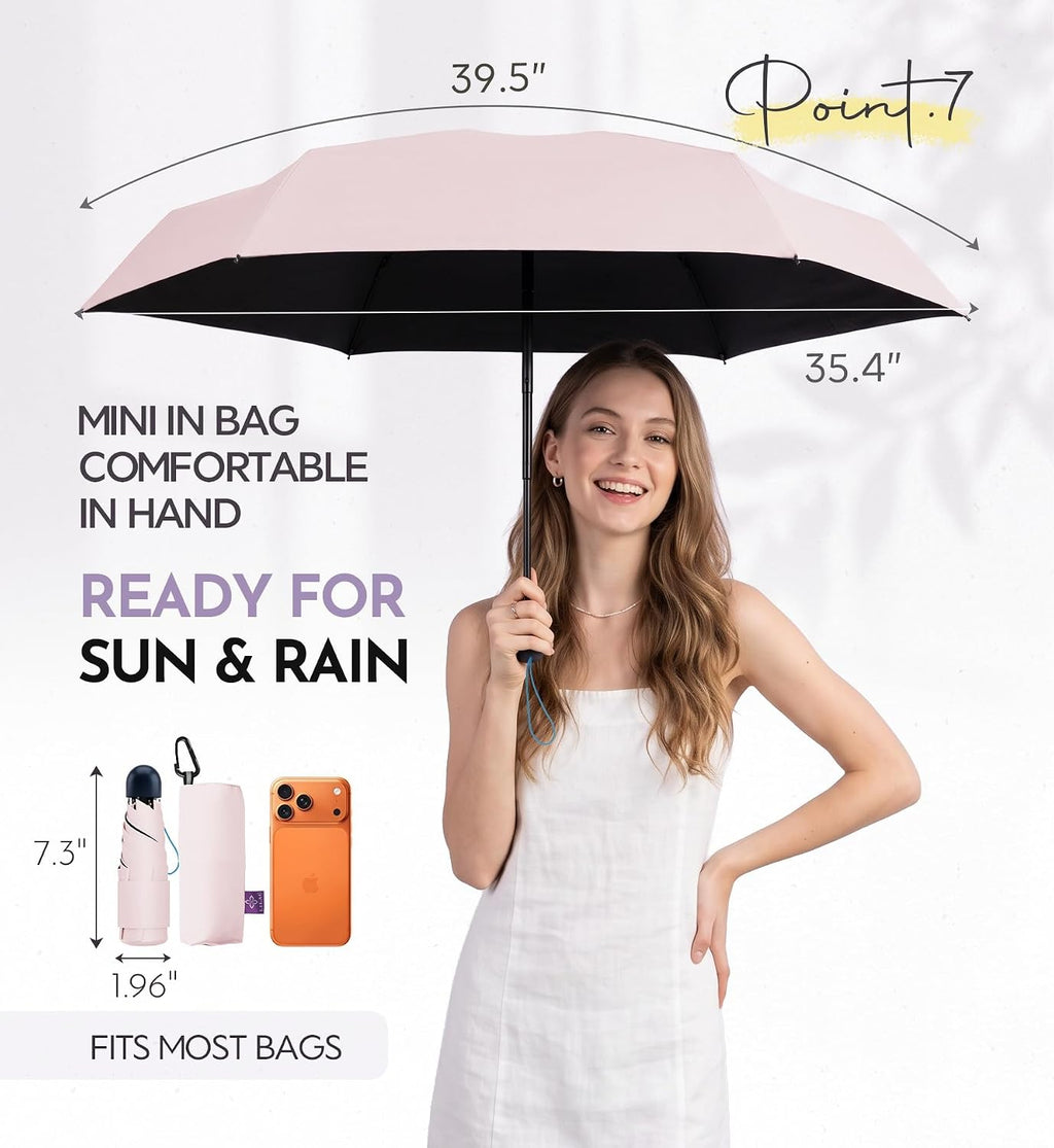 Umbrella Travel Size Mini Compact for Rain, UPF 100+ UV Protection