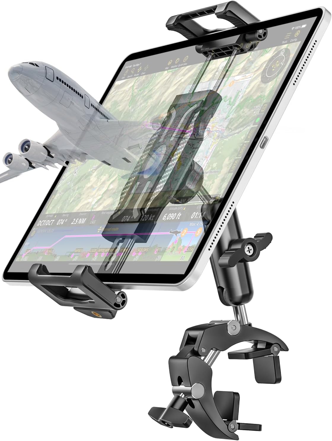 Aluminum Tablet Yoke Mount - [Large Clamp] [Thick Case Friendly] Airplane Tablet Holder, Aviation Flight Stick Clip Stand for Pilot, for iPad Pro Air Mini, iPhone, Galaxy, Fire, 6-15.6" Devices