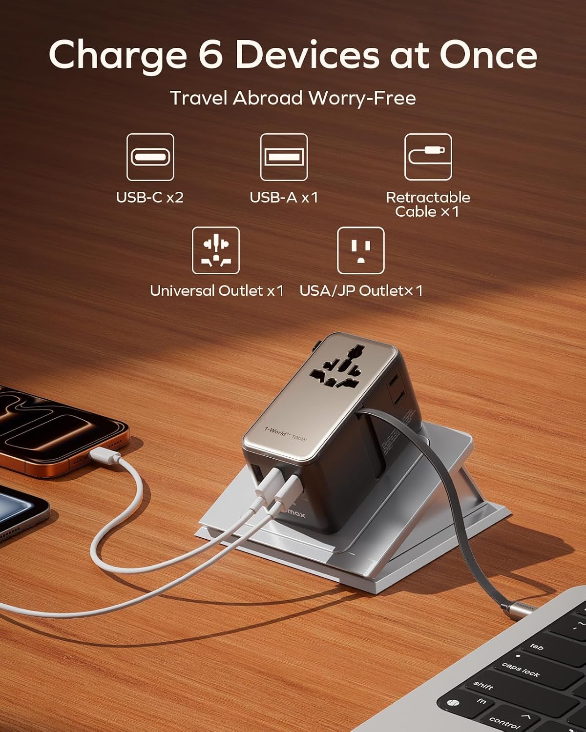 MOMAX 100W Universal Travel Adapter All-in-1 Plug Adapter with USB-C Cable