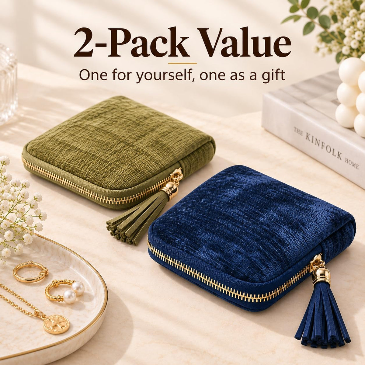 2-Pack Velvet Jewelry Organizer Case - Travel Zipper Pouch with Tassel, 6-Layer Storage for Bracelets, Bangles & Accessories (Matcha Green and Dark Blue)