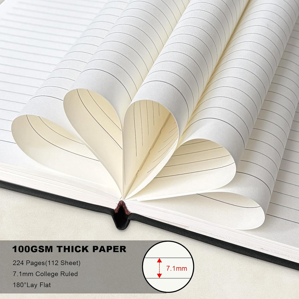 A5 Leather Notebook with Pen and Pen Holder, 224 Pages 100 GSM Thick Lined Paper Hardcover Journal for Men Women, College Ruled Daily Diary for Work Business School Travel - Black