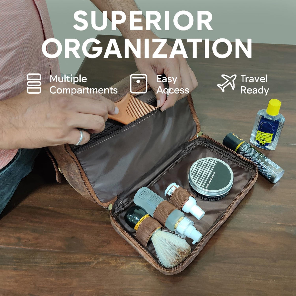 Leather Toiletry Bag for Men - Travel Shaving Dopp Kit - Bathroom Shower Toiletries Organizer - Cosmetic Make up Bag for Women