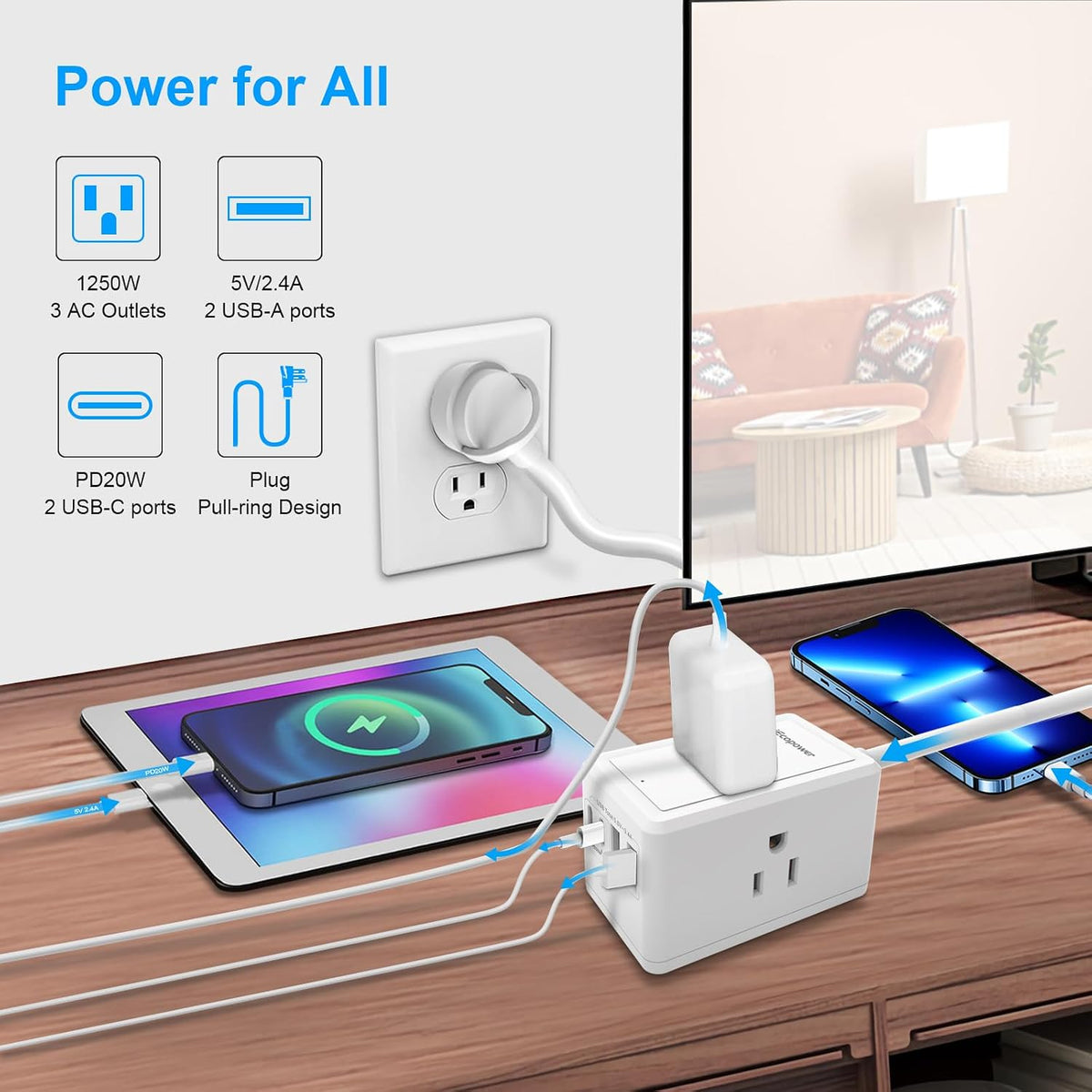 Power Strip with 15 ft Cord-3 Widely Spaced Outlets 4 USB Ports(2 USB C Port,PD20W Fast Charging),Power Strip Long Cord(1250W/10A),Extension Cord 15 ft,White(2 Pack)