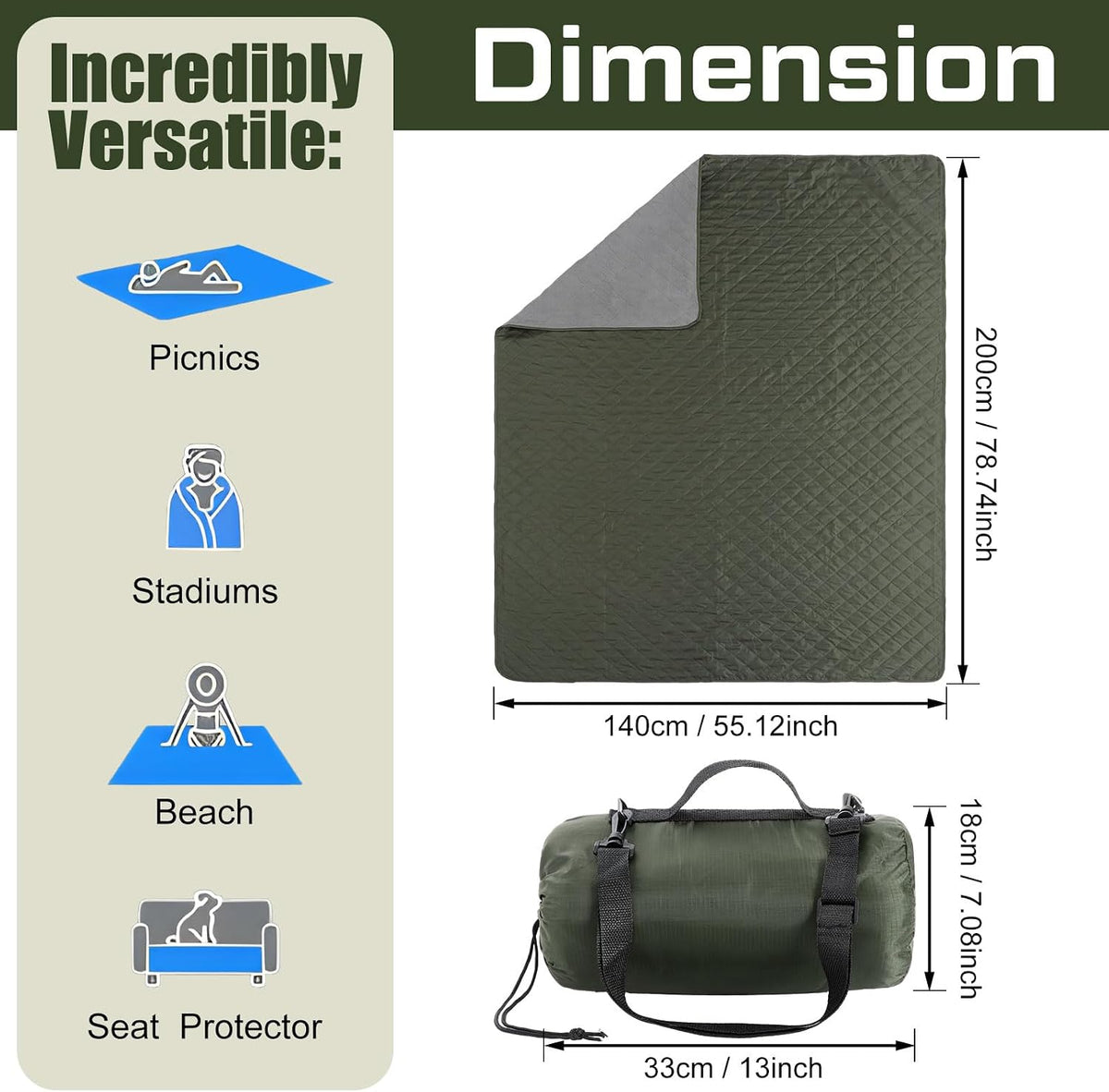 Tranqun 2 Pcs 2 Pcs Outdoor Blanket Quilted, Waterproof, Military Green