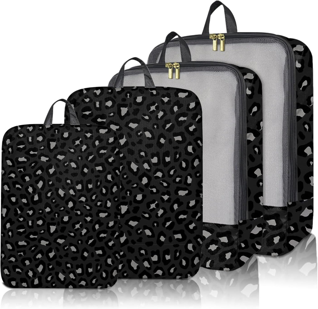 4 Set Packing Cubes Travel Luggage Organizers for Suitcase Travel Accessories for Women Girls Aesthetic Cute-Black Leopard Cheetah Pattern