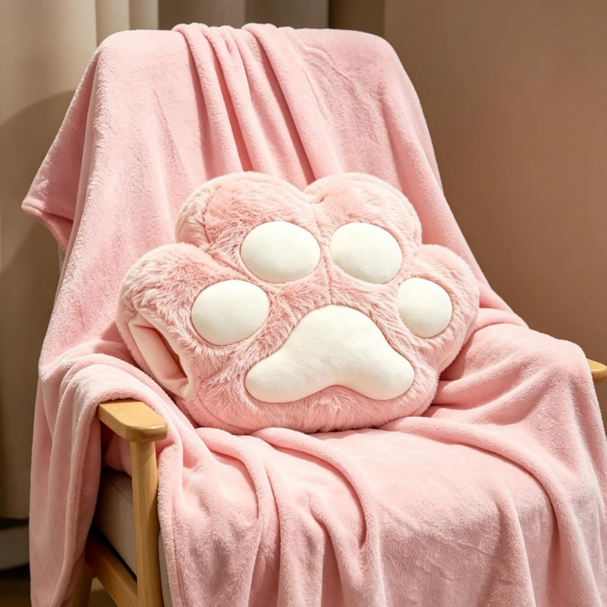 RYOLOY Cat Paw Warm Hand Pillow,with 66 * 35Inch Travel Blanket,2 in 1 Travel Pillow and Blanket Set,for Car Office Camping Essentials (Pink)