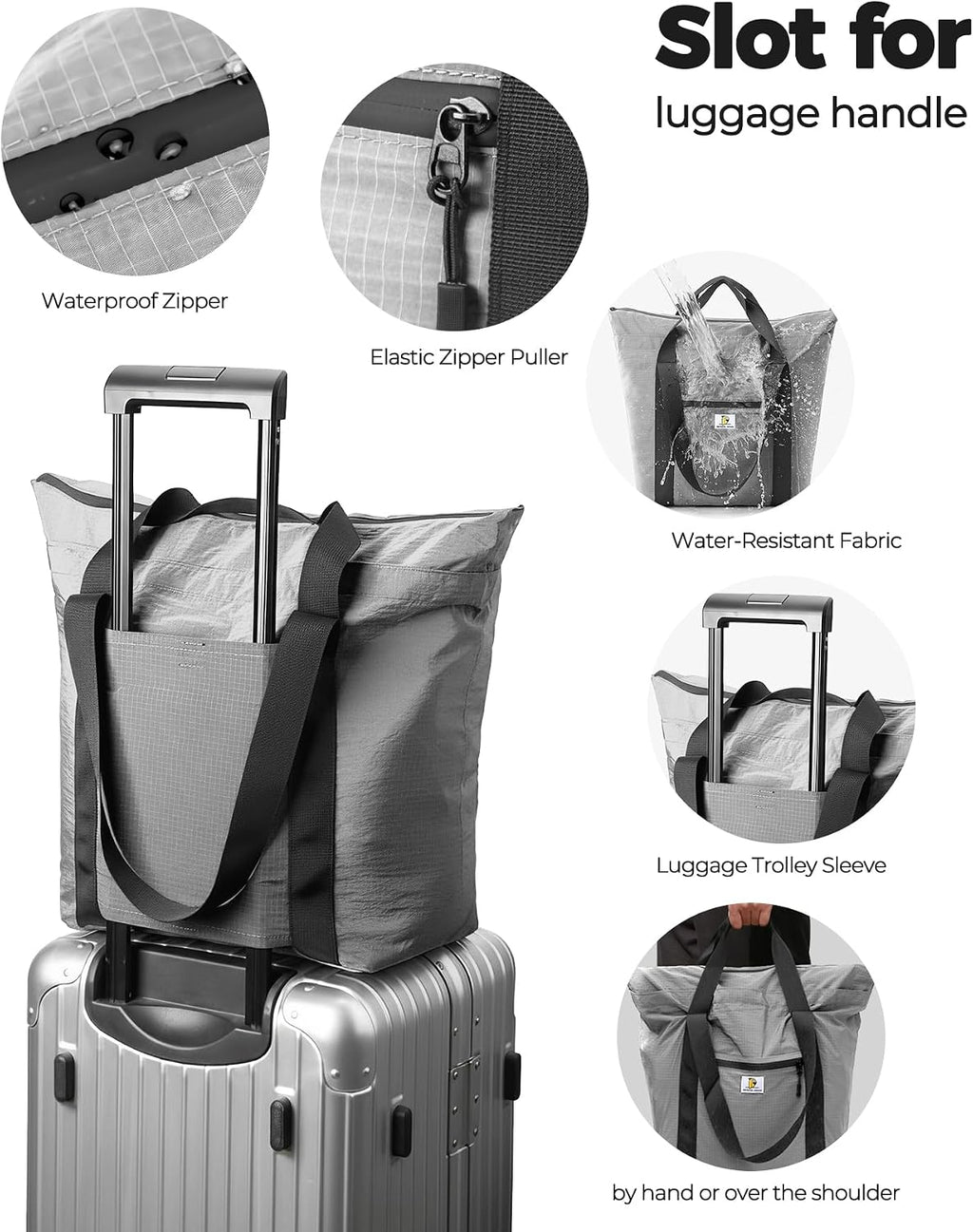Foldable Travel Bag, 26L Lightweight Weekender Duffel, Expandable Second Carry-On Bag for Travel & Shopping, Water-Resistant Personal Item Bag, Gray
