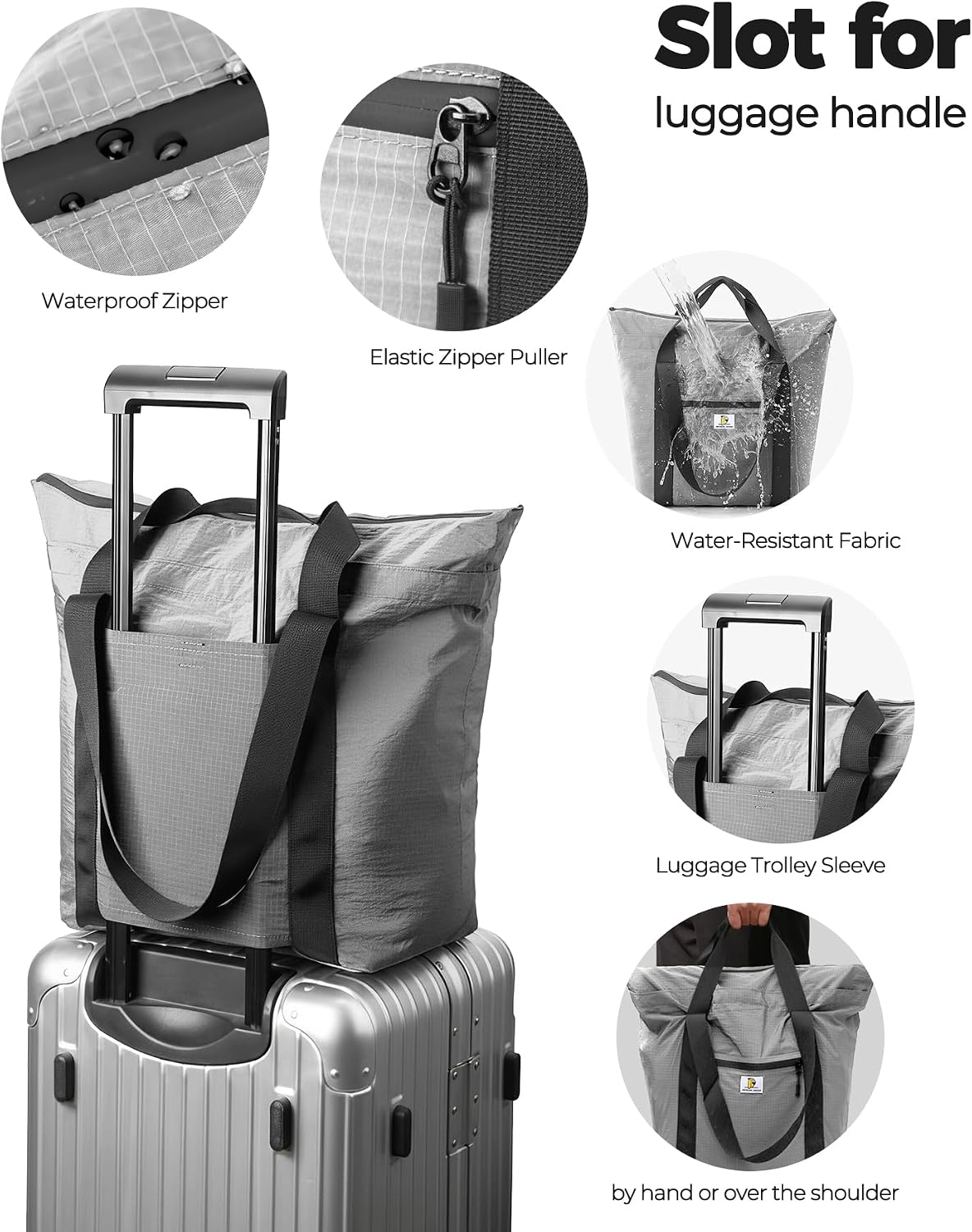 Foldable Travel Bag, 26L Lightweight Weekender Duffel, Expandable Second Carry-On Bag for Travel & Shopping, Water-Resistant Personal Item Bag, Gray