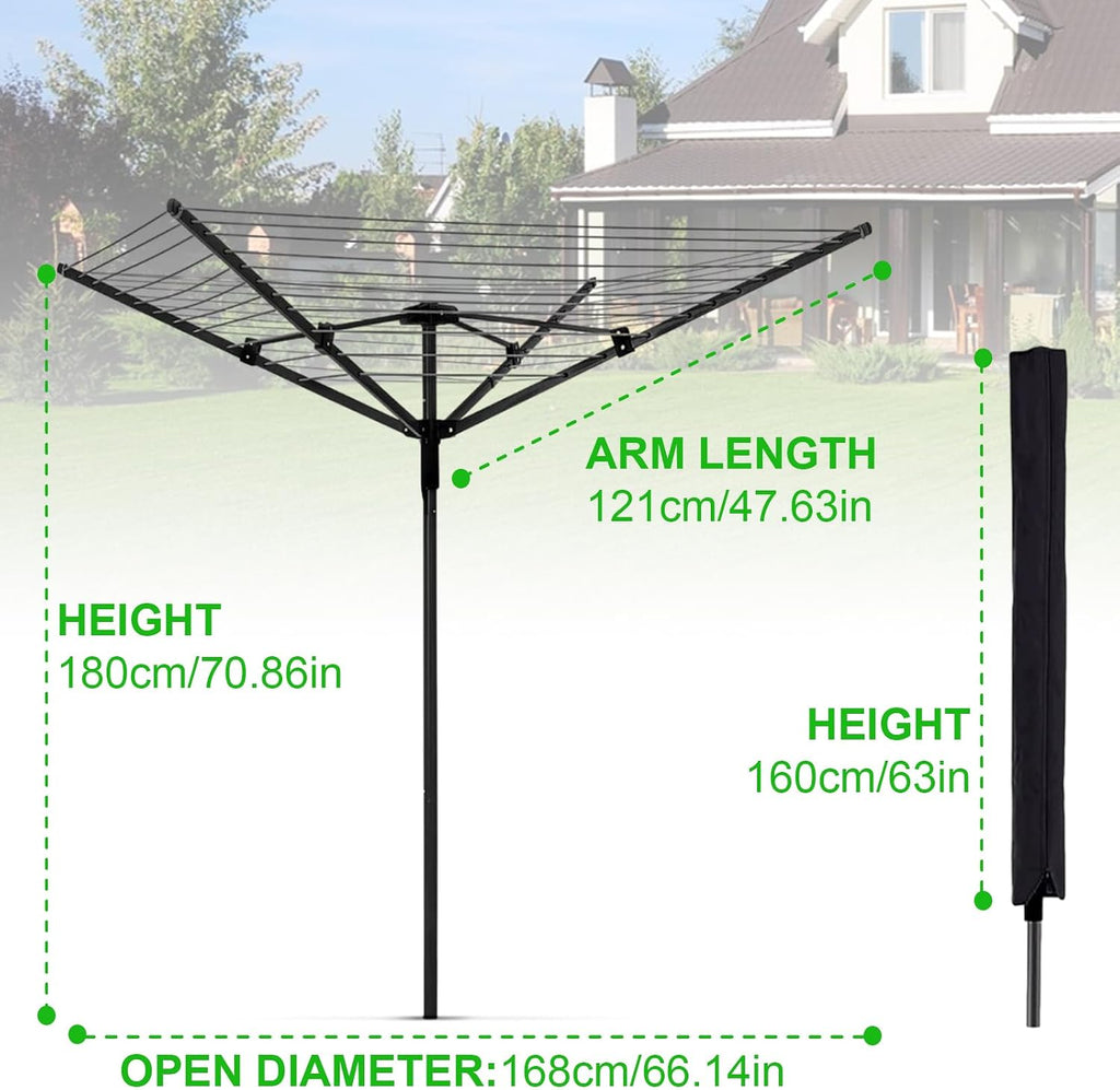 Outdoor Umbrella Drying Rack, 12 Lines 165ft Space, Steel Frame Adjustable Height, 4 Aluminum Arms, Collapsible for Yard.