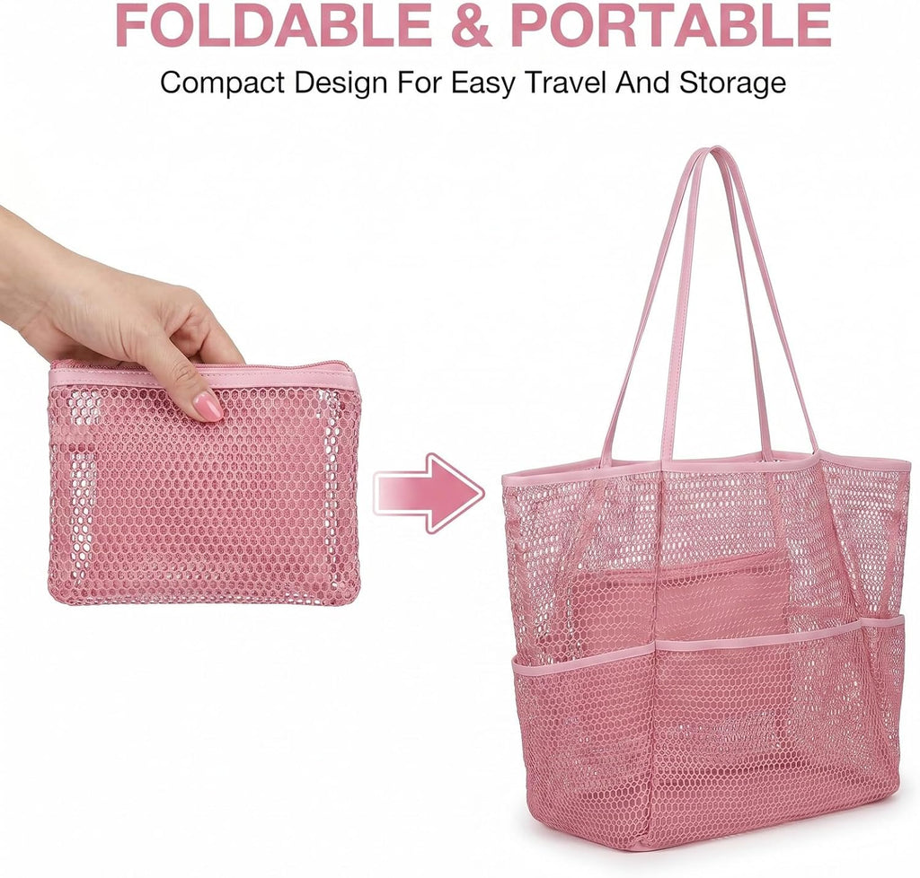 5-Pocket Foldable Mesh Beach Tote for Women, Water-Resistant Sand-Proof Travel Pool Vacation Carryall