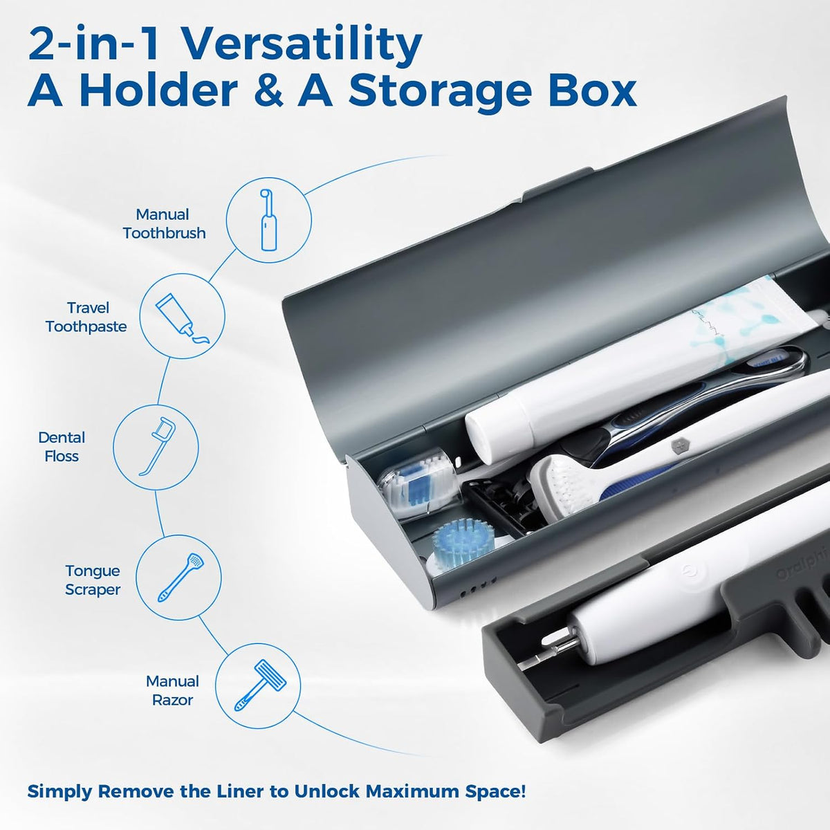 Aluminum Electric Toothbrush Travel Case, 2 in 1 Travel Toothbrush Holder for Oral B/Oral-B Pro 1000 1500 5000 and Most Electric Toothbrush for Traveling, Removable Silicone Liner-Grey