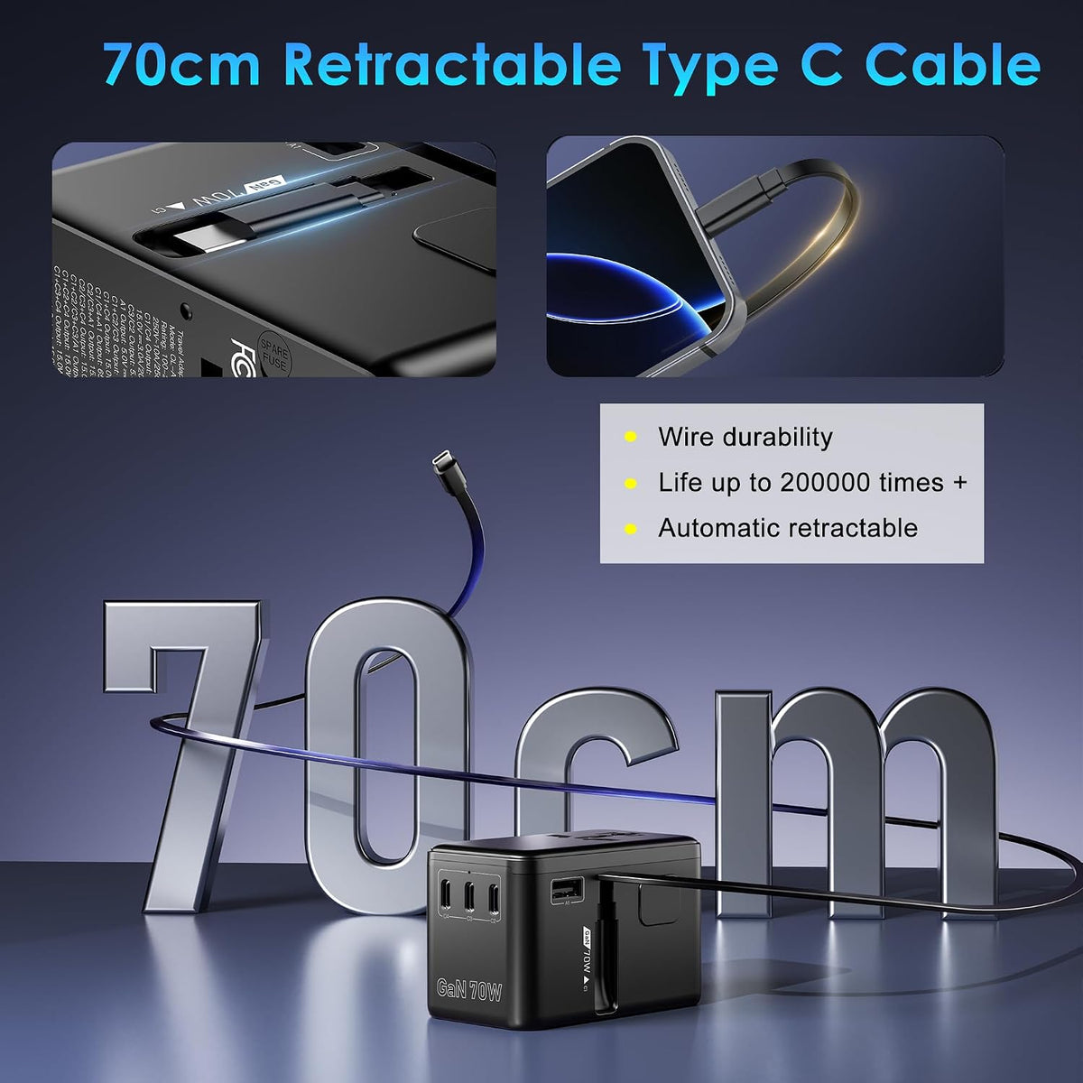 JMFONE 70W GaN Universal Travel Adapter with USB-C Cable for 200+ Countries