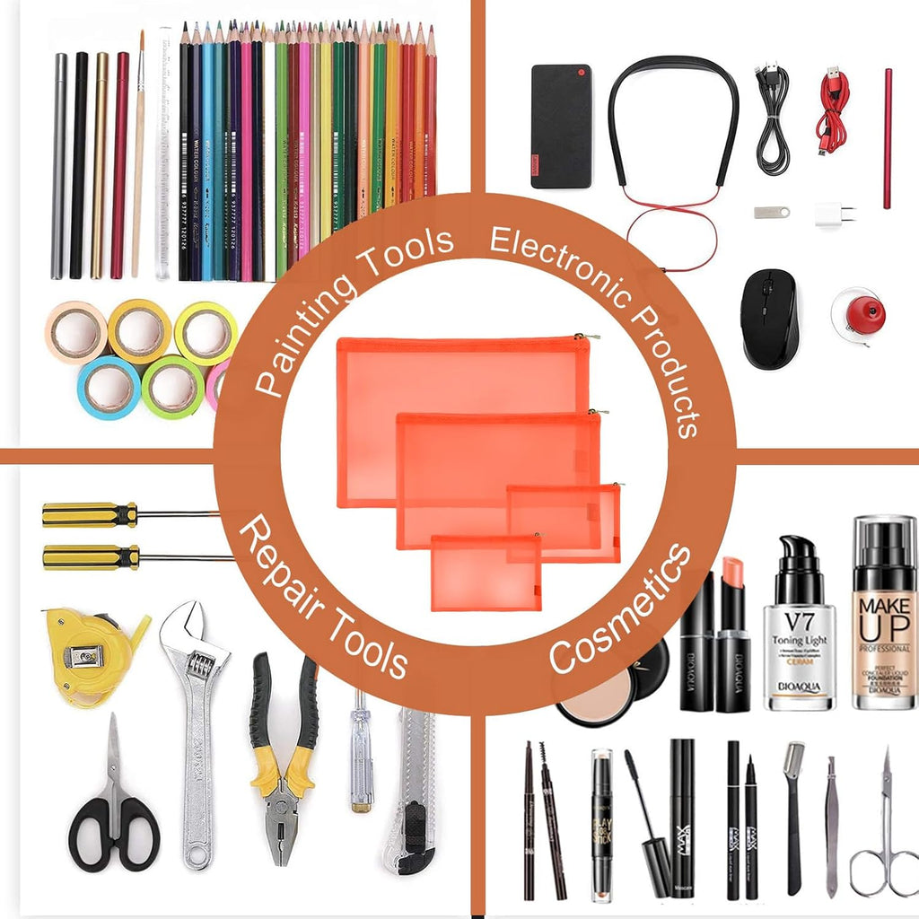 EASYFUN Mesh Pouch, Make up Bag with Zipper Cosmetic Organizer Pouch for Daily or Travel to Keep Small Items, 4 PCS Orange