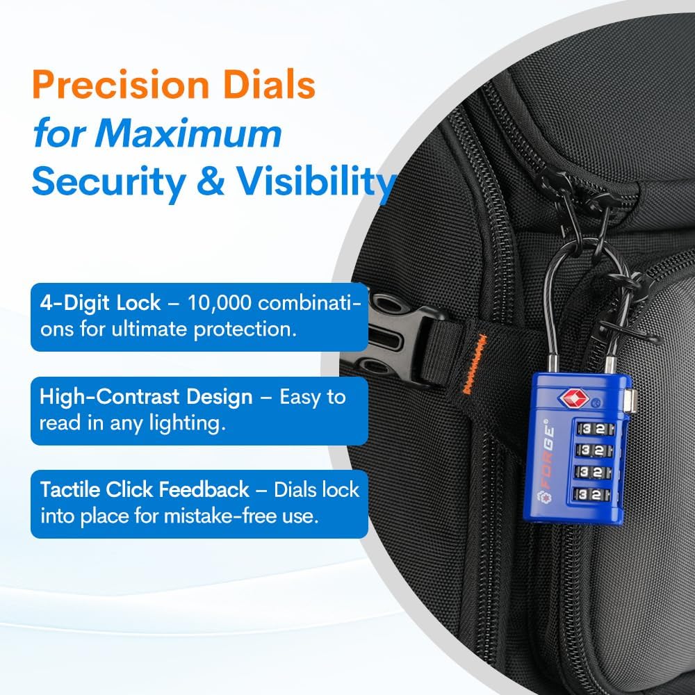 Forge Open Alert TSA Approved Luggage Locks, TSA Travel Locks, Advance Core, Zinc Alloy Body. 4 Color Locks.