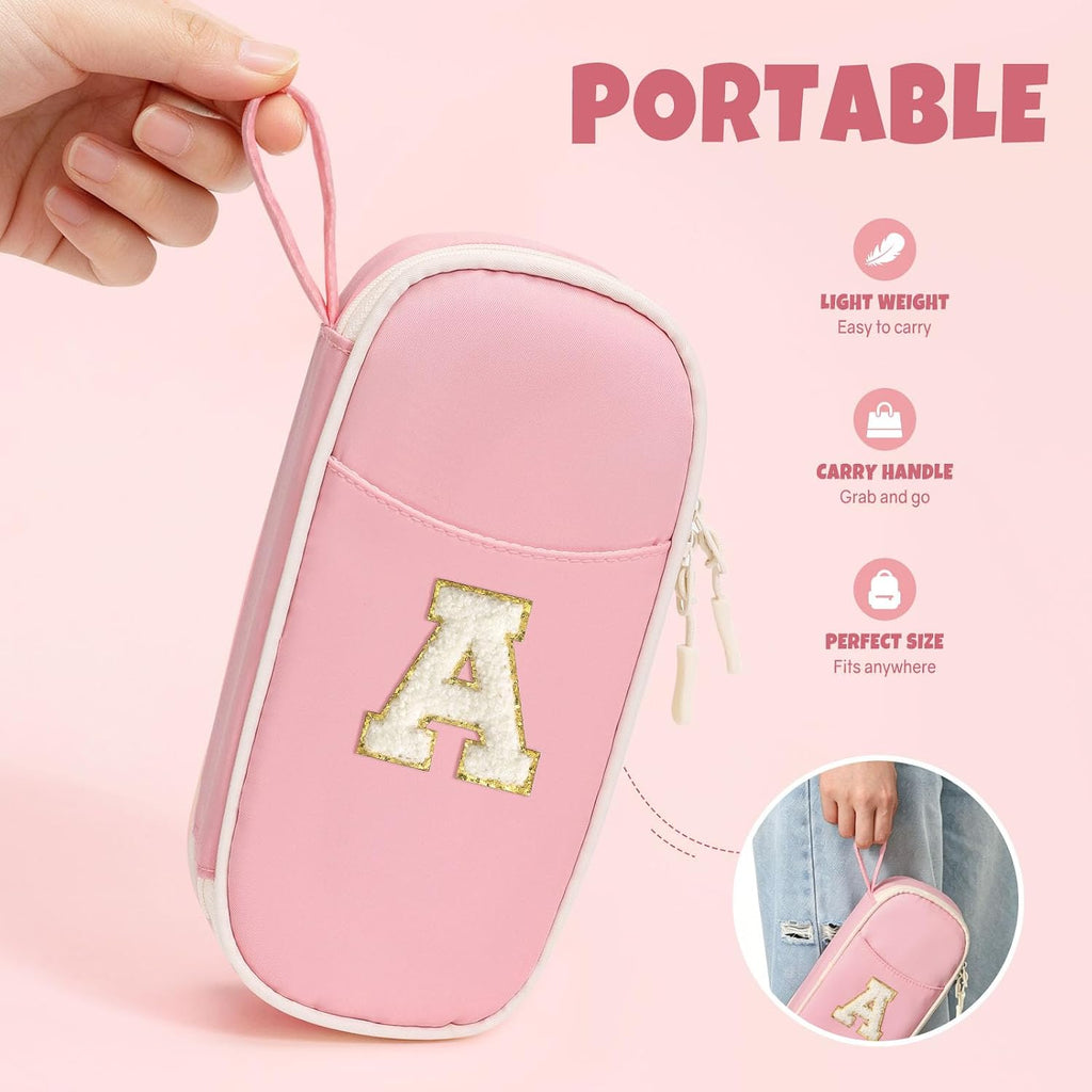 SUNEE Cute Pencil Case, Kawaii Big Capacity Pencil Pouch, Personalized Initial Pencil Bag with Zipper, Stationery Storage and Organizer, Back to School Supplies, Pen Box for Girls & Boys, Teen, A-Pink