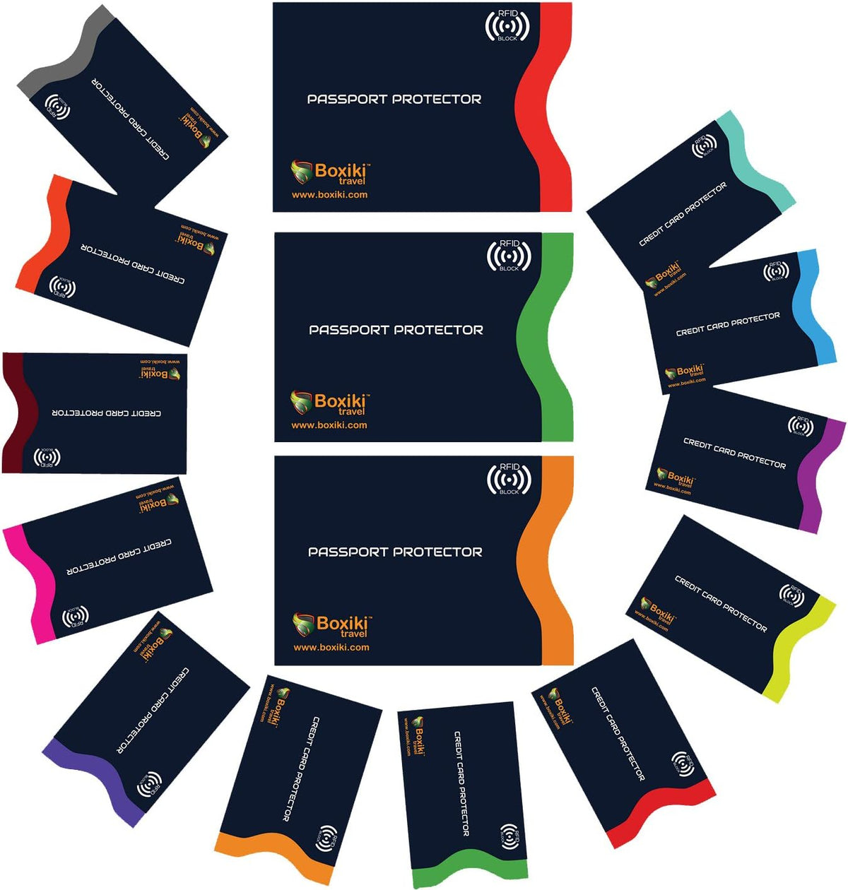 Boxiki Travel RFID Blocking Sleeves, Set with Color Coding, Navy Blue, Unisex Wallet, Protects Credit Cards and Passports
