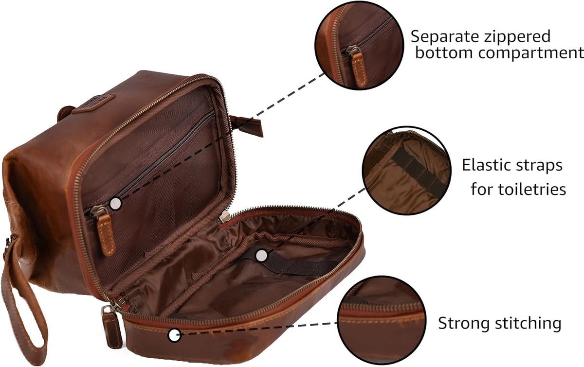 LEATHER VILLAGE Leather Toiletry Bag for Men, Travel Dopp Kit Shaving Bag