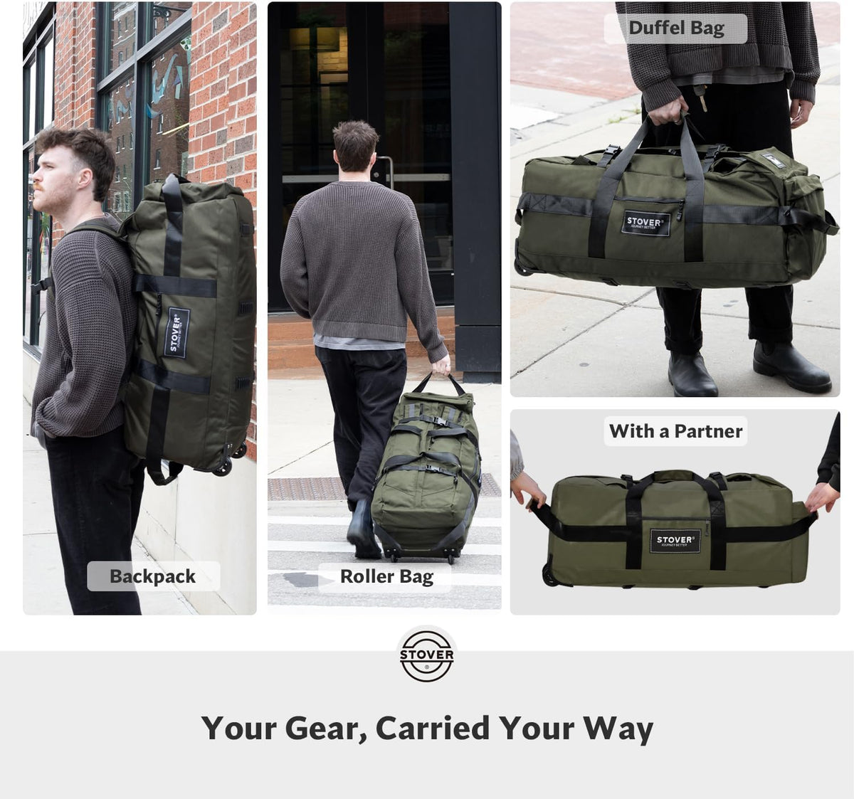 STOVER 45/80/100/120L Rolling Duffel Bag with Wheels, Large Durable Travel Duffle + Toiletry Bag, Heavy Duty, Packable with Shoulder Straps- Use as Luggage or Backpack, Men/Women (Green)