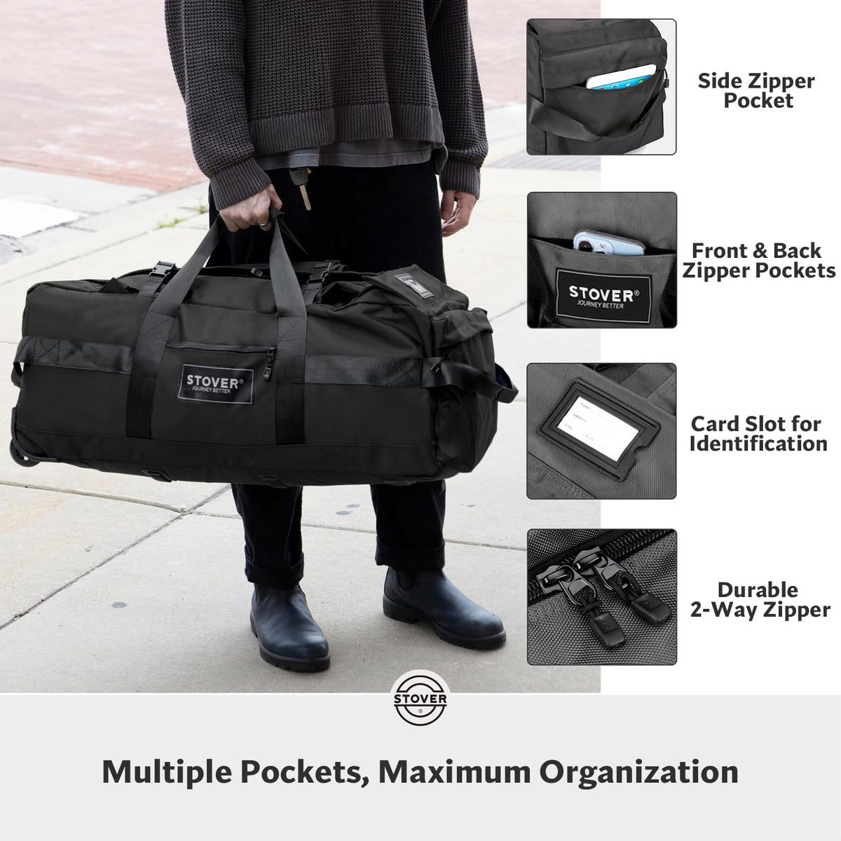 STOVER 45/80/100/120L Rolling Duffel Bag with Wheels, X-Large Durable Travel Duffle + Toiletry Bag, Heavy Duty, Packable with Shoulder Straps- Use as Luggage or Backpack, Men/Women (Black)