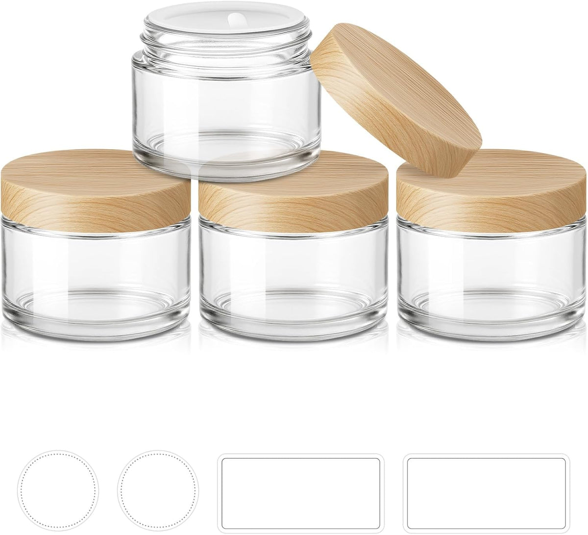 1 oz Glass Jars with Lids, Small Glass Containers with Plastic Woodgrain Lids & Inner Liners, Reusable Travel Containers for Creams, Makeup, Lotion, Cosmetic 4 pack