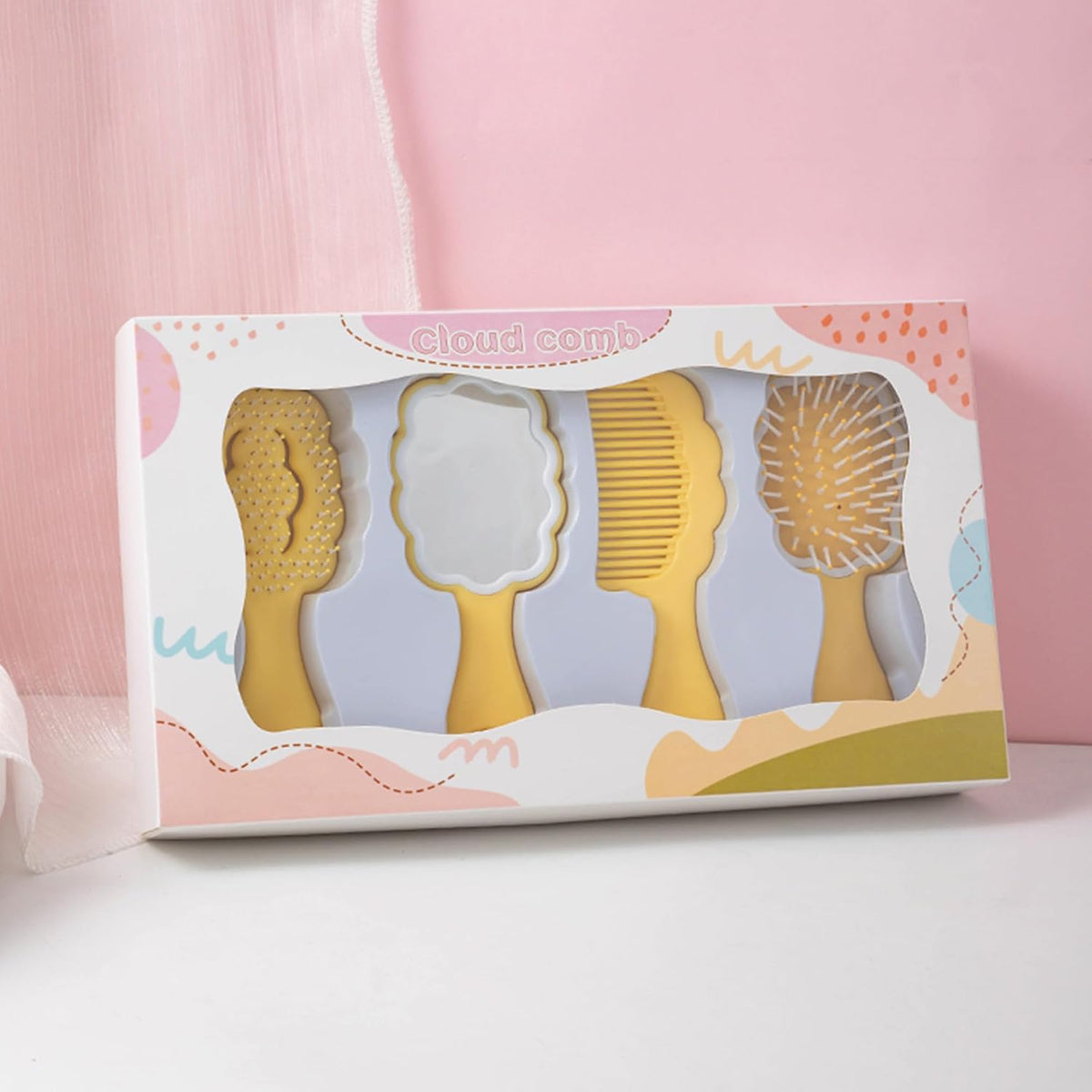 4 Pieces Mini Wet Hair Brush Hair Comb Set For Women Girls Kids Gift Small Cute Cloud shaped Hair Comb Hair Brush Handheld Mirror Set Travel Detangling Comb Massage HairBrush with Air Cushion (Yellow)