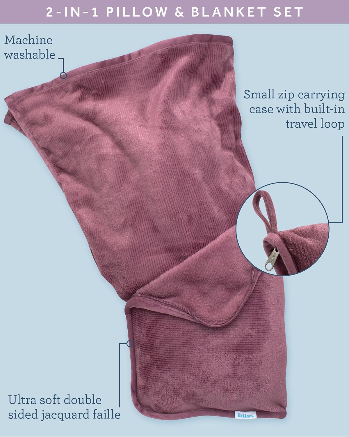 Bliss Faille Travel Pillow & Blanket Set, 2-in-1, Compact