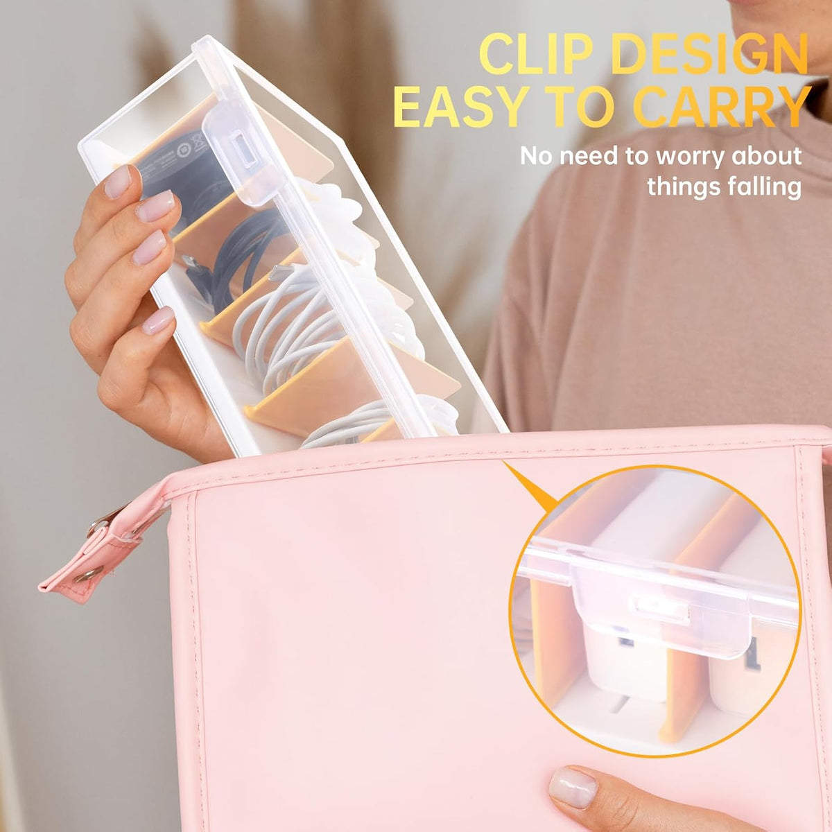 PAVSTINE Clear Cable Organizer Box with Lid and Adjustable Dividers