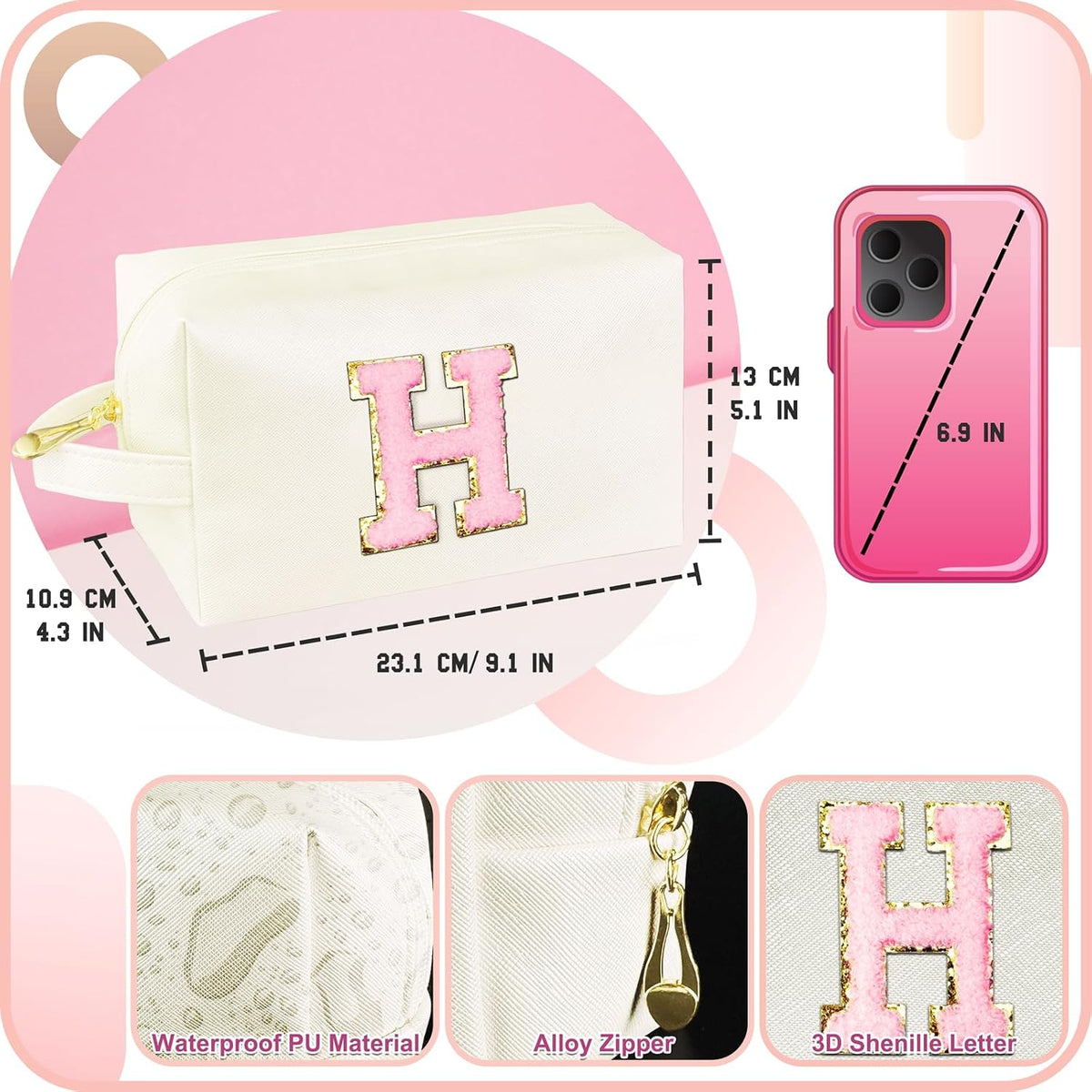 Personalized Initial Makeup Bag with Handle, Preppy Cosmetic Bag with Inner Zipper Pocket, 8 9 10 11 12 13 14 Years Old Girl, Graduation Gifts for Teen Girls Women Teachers (H, White)