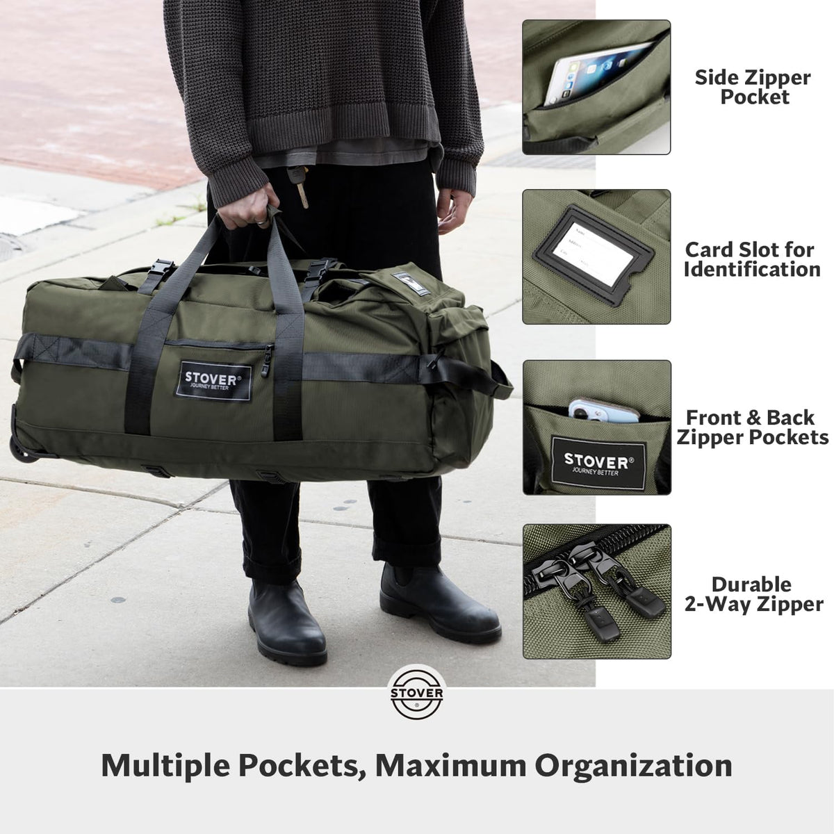 STOVER 45/80/100/120L Rolling Duffel Bag with Wheels, Large Durable Travel Duffle + Toiletry Bag, Heavy Duty, Packable with Shoulder Straps- Use as Luggage or Backpack, Men/Women (Green)