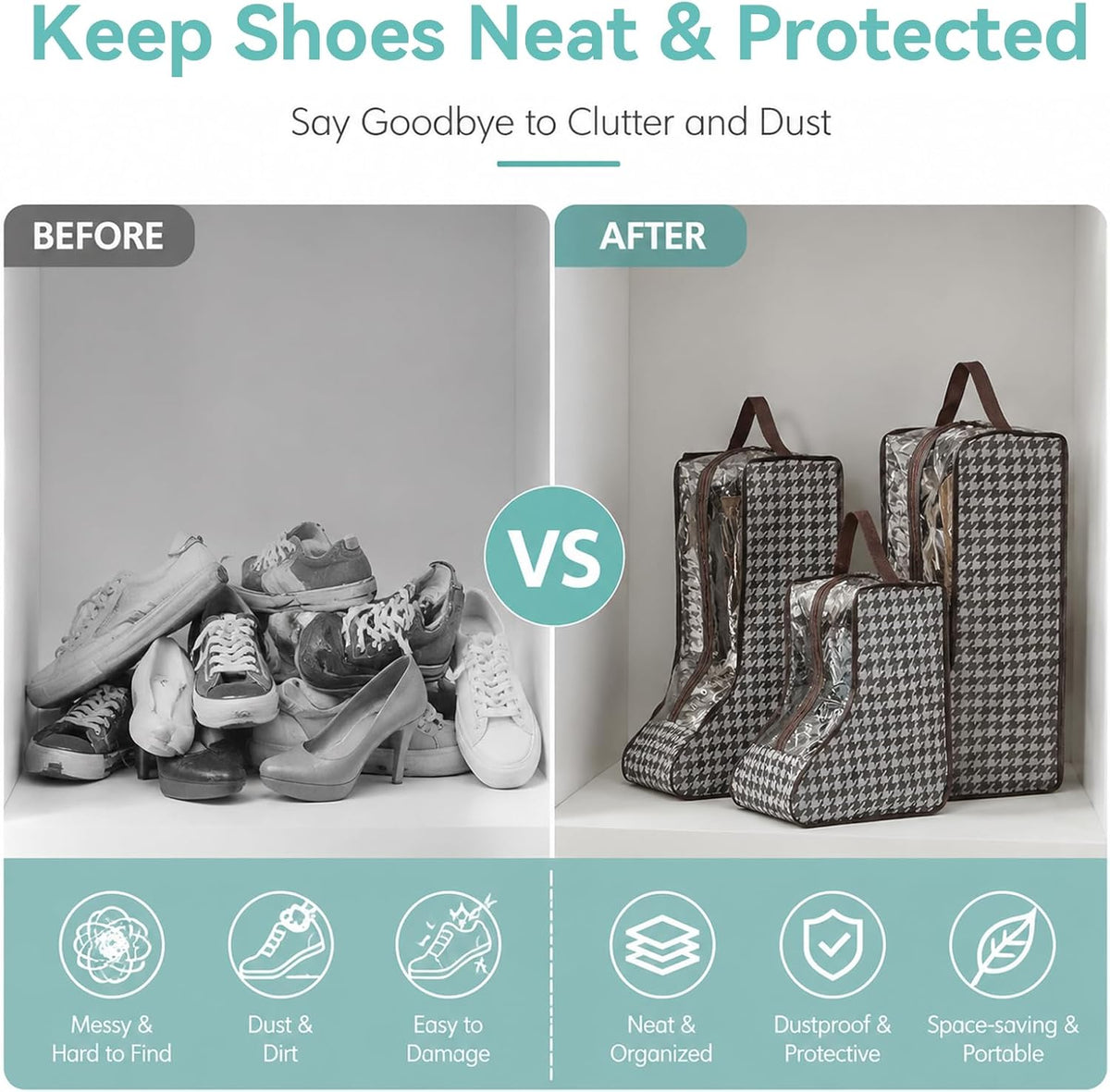 Tall Boot Storage Bag Organizer for Closet and Travel, Portable Dustproof Bags for Cowboy (3 Pcs Grey Houndstooth Short & Long Boot)