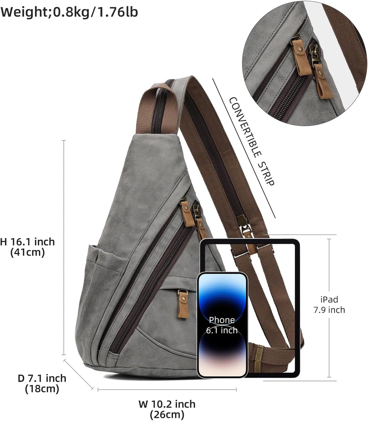 KL928 PU Leather Sling Bag - Small Crossbody Backpack Shoulder Casual Daypack Rucksack for Men Women Outdoor Cycling Hiking Travel (6881-PU-D.Grey)