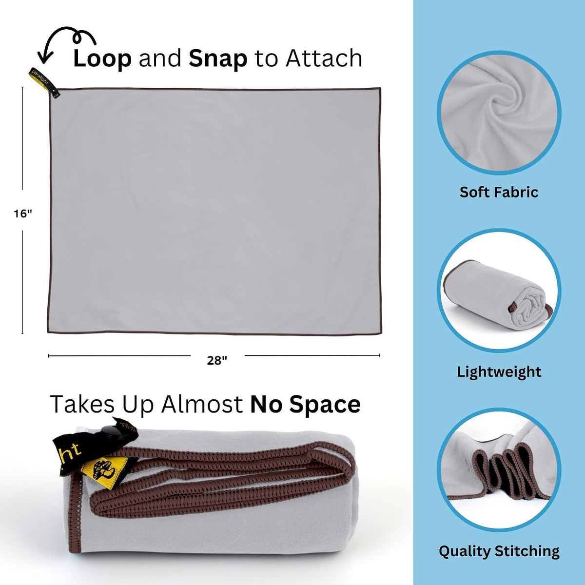 Backpacking Ultralight Quick Dry Microfiber Soft Fast Drying Hand and Face Towel Wash Cloth Camping Yoga Hiking Active Lifestyle (Gray, Medium 16x28)