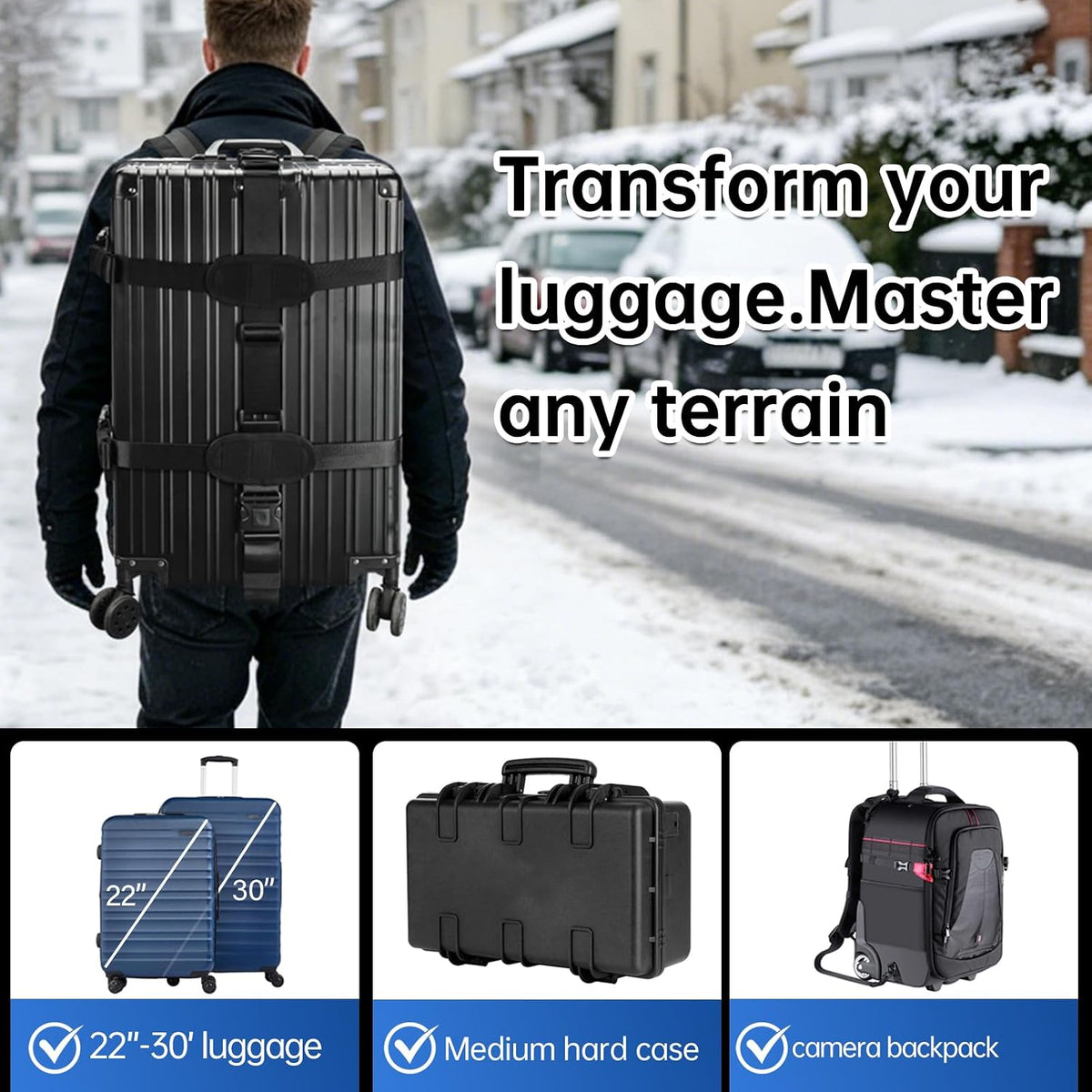 Heavy-Duty Backpack Carrying Straps System for 22-30 Inch Suitcase Luggage Hardcase for Adventure Travel Cobble Stone Streets Stair - L