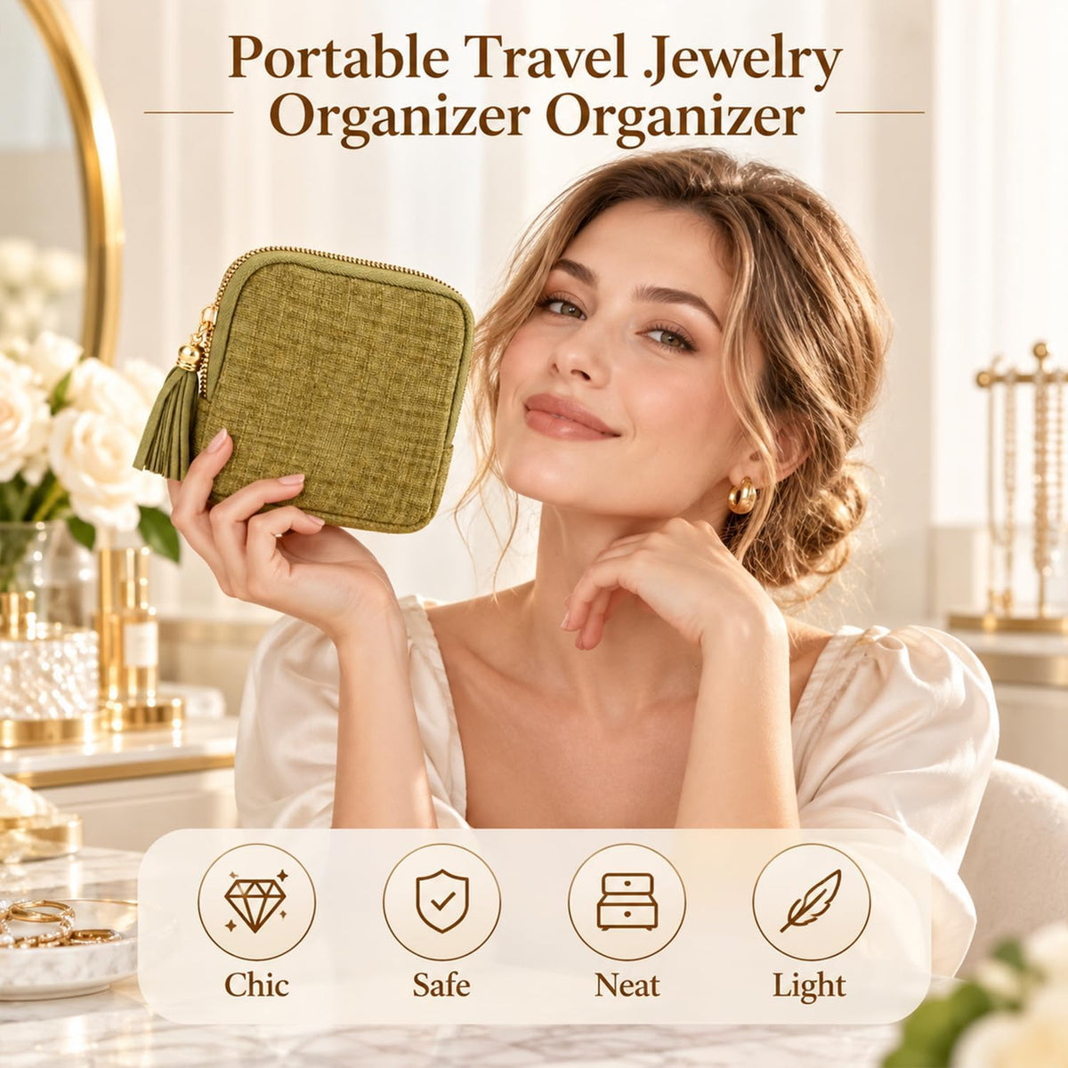 Travel Jewelry Pouch, Compact Zipper Jewelry Case Bags (Grass Green)