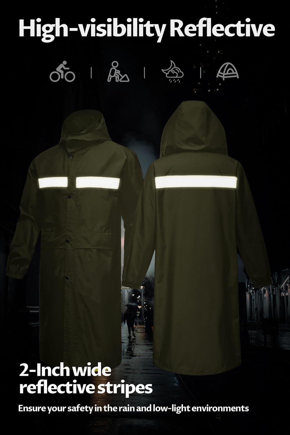 CREATMO US Men's Long Rain Coat Waterproof Packable Rain Jacket Outdoor Lightweight Windbreaker with Hood