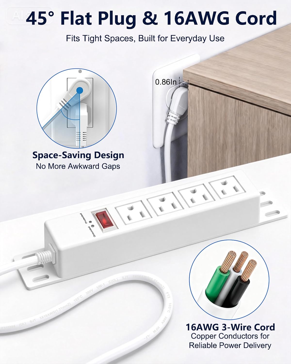1500J Small Surge Protector Power Strip 4 Outlets 3 ft, White