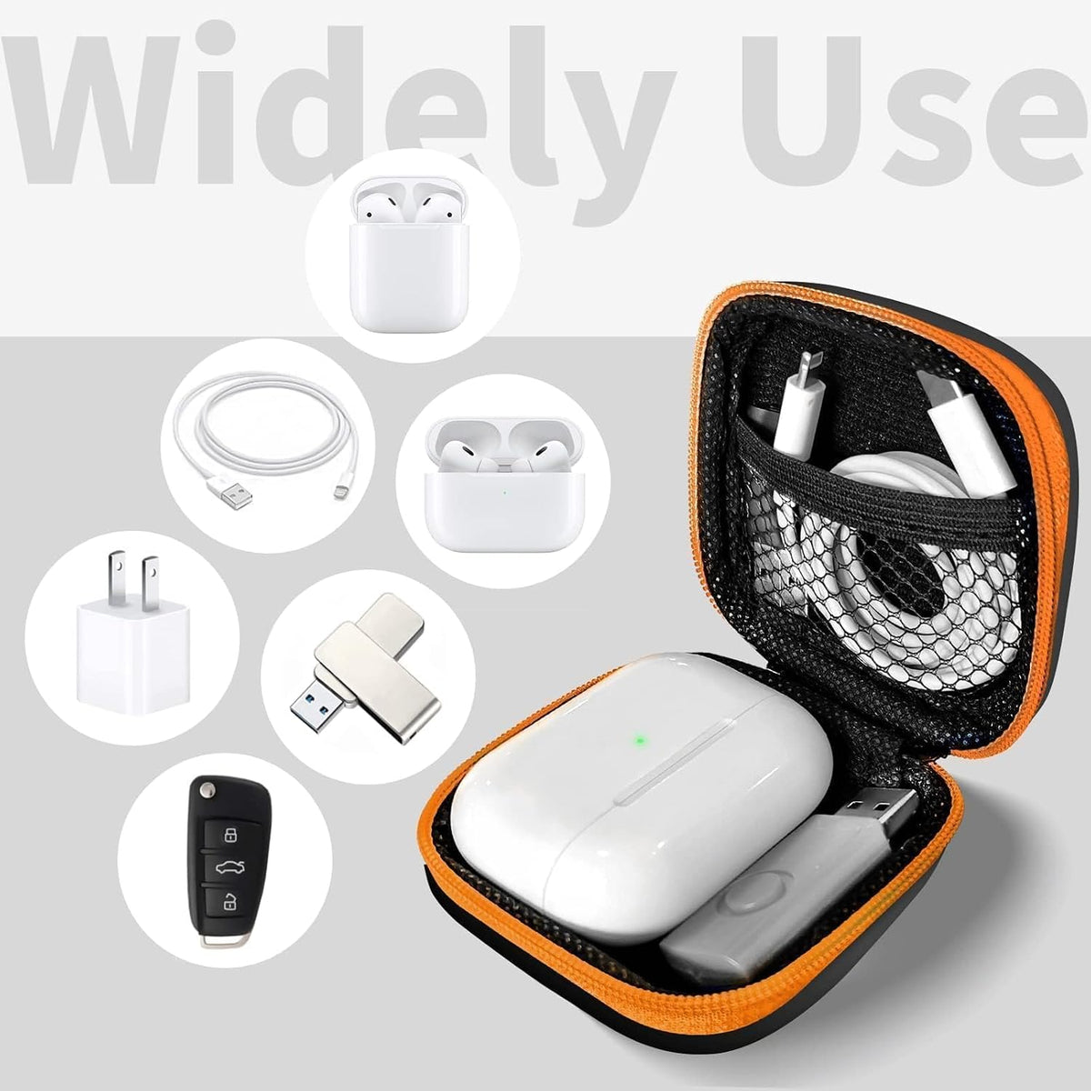 1 Pack Square Earbud Case Storage Bag with Carabiner, Orange