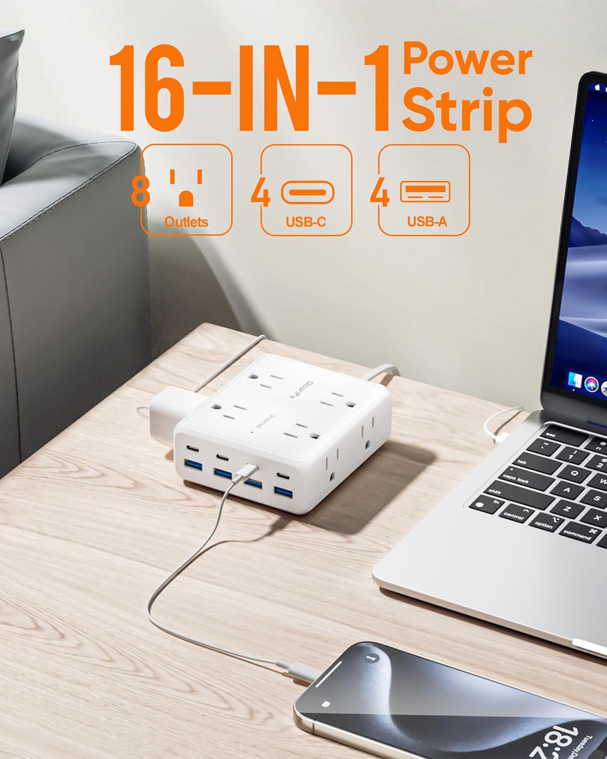 Olcorife Flat Plug Power Strip with 15 FT Extension Cord, 8 Outlets 8 USB Ports(4 USB C), 3 Sided Outlet Extender for Home Office Travel Dorm Room Essentials, White