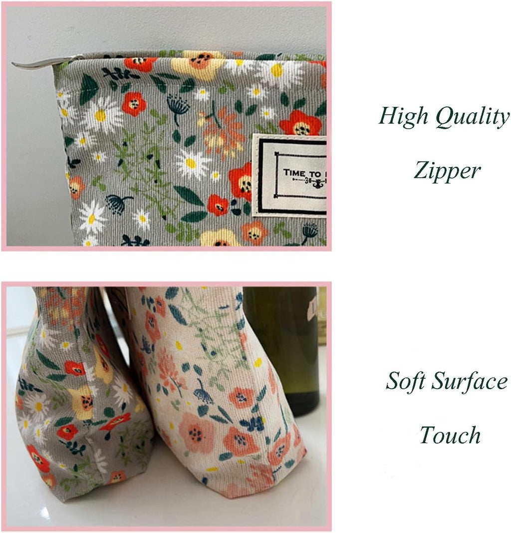 Flower Fabric Makeup Bag for Purse, Vintage Corduroy Cosmetic Pouch Bag, Portable Travel Handbag for Women Girls (Bean green flowers)