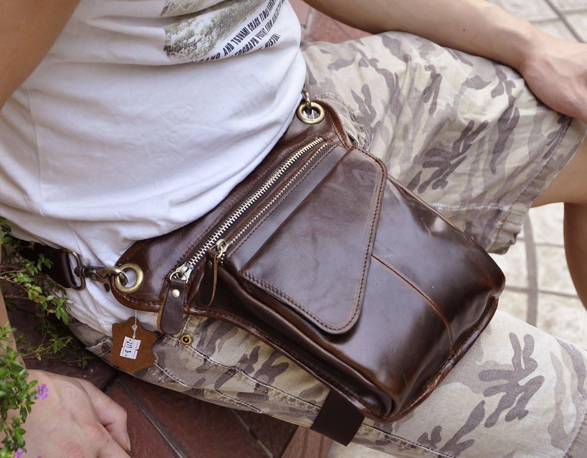 Le'aokuu Mens Genuine Leather Messenger Hiking Waist Hip Bum Pack Drop Leg Bag 211-3
