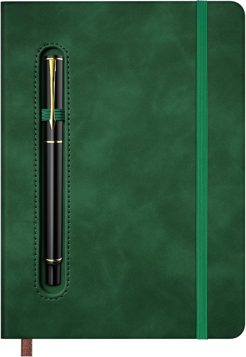 A5 Leather Notebook with Pen and Pen Holder, 224 Pages 100 GSM Thick Lined Paper Hardcover Journal for Men Women, College Ruled Daily Diary for Work Business School Travel - Dark Green