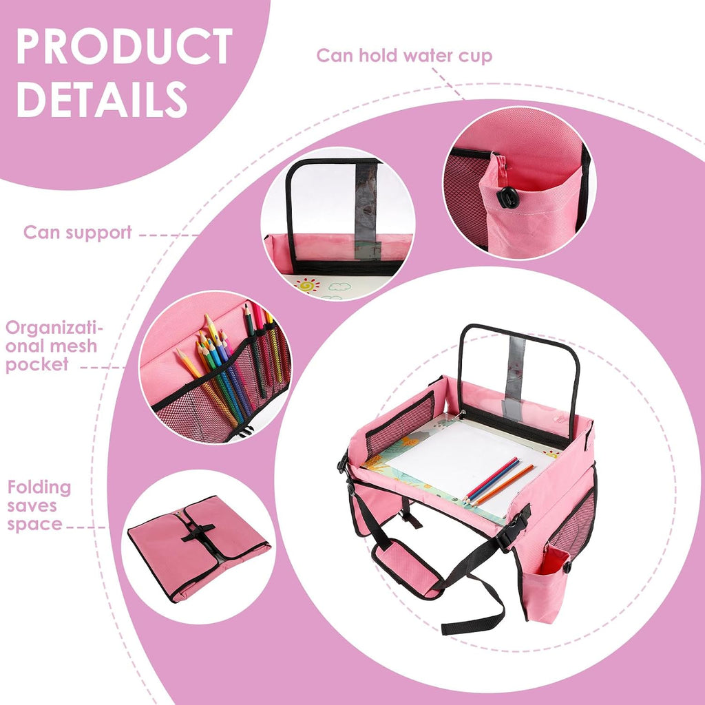 Kids Travel Tray for Toddler Car Seat, Toddler Car Seat Lap Tray, Car Seat Organizer Toddler, Car Lap Desk Table with Storage Pocket, Kids Active Eating Tray for Road Trip, Airplane, Stroller (PINK)