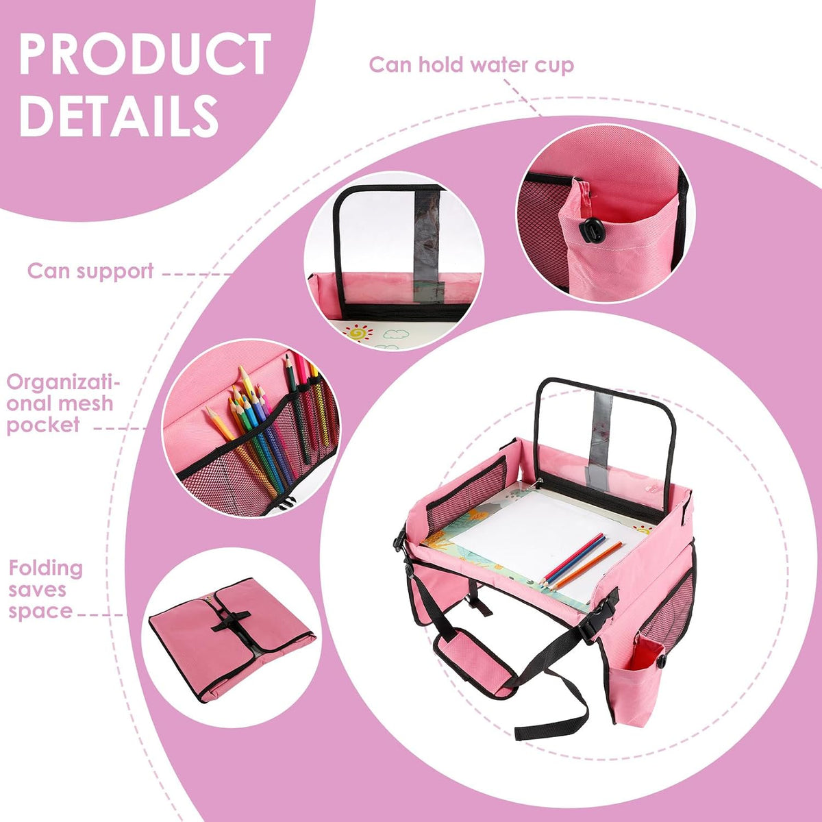 Kids Travel Tray for Toddler Car Seat, Toddler Car Seat Lap Tray, Car Seat Organizer Toddler, Car Lap Desk Table with Storage Pocket, Kids Active Eating Tray for Road Trip, Airplane, Stroller (PINK)