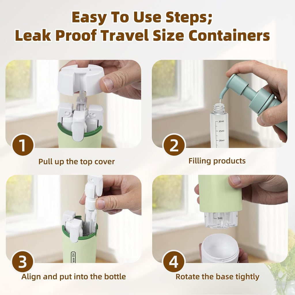 4 in 1 Travel Dispenser Bottle, Leakproof Travel Size Toiletries Holder, Refillable Portable Containers for Shampoo Lotion Conditioner Cream Transparent with Label (Green)