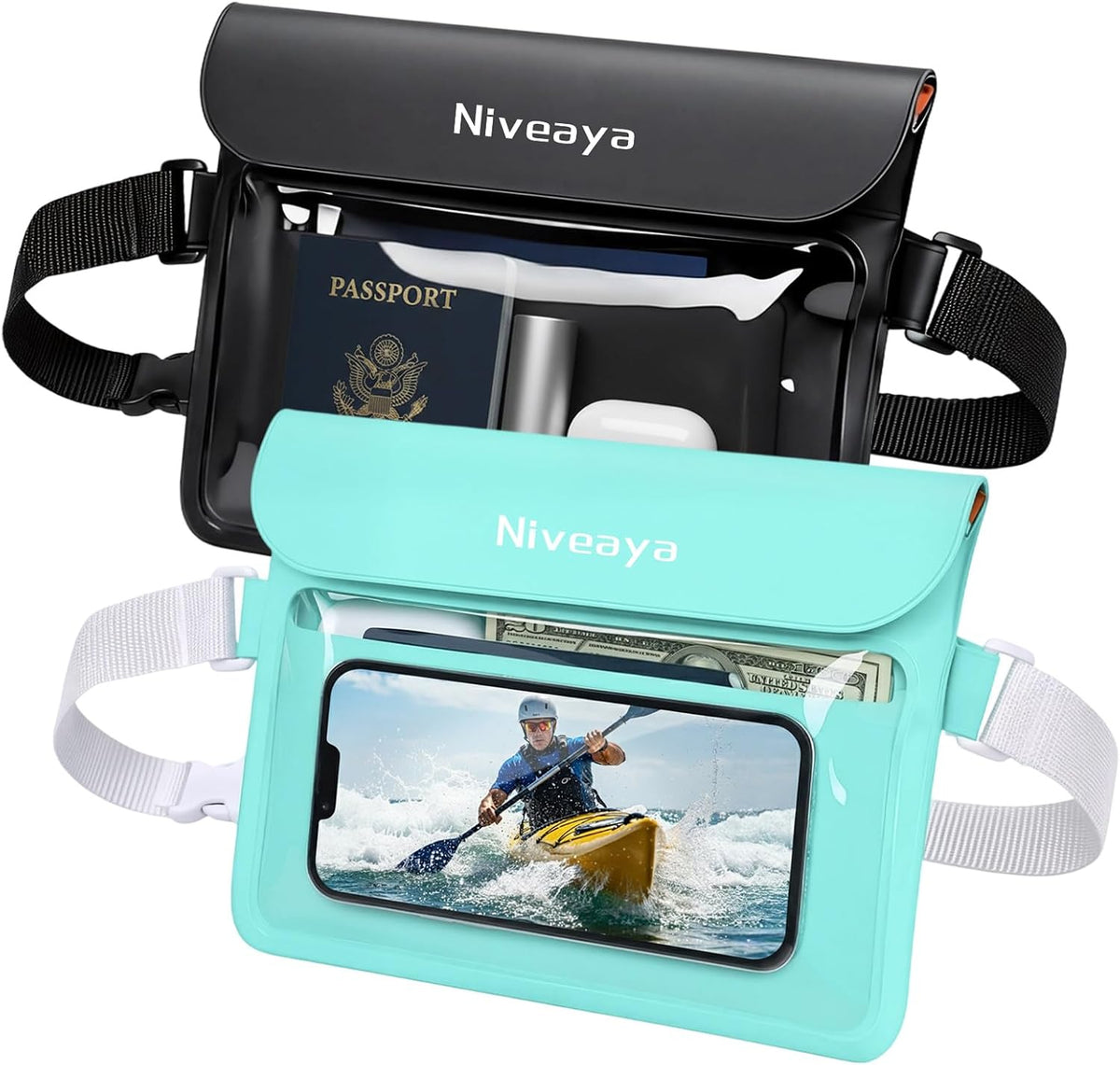 Niveaya IPX8 Waterproof Fanny Pack, Divider Holds Passport Cash-2 Pack